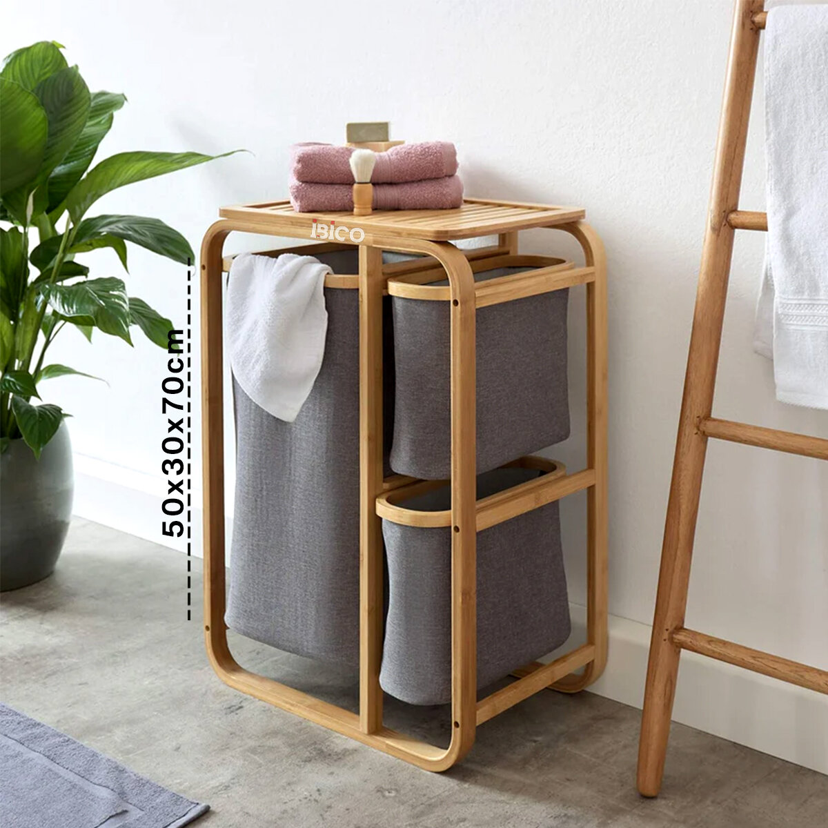 İBİCO İ21-143 KİRLİ ÇAMAŞIR SEPETİ ( AHŞAP & BAMBU ) ( 3 ORGANİZER BÖLMELİ ) ( KUMAŞ ÇANTALI ) ( 50X30X70CM )*5