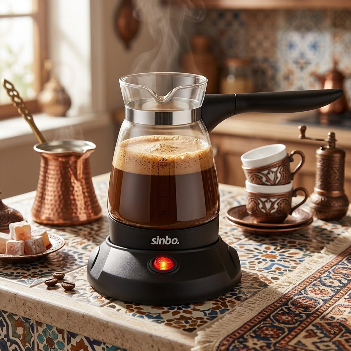 SİNBO SCM-2981 ( CAM ) ELEKTRİKLİ CEZVE (TÜRK KAHVE MAKİNESİ & 5FİNCAN=500ML) (KABLOSUZ KULLANIM& 360°DÖNER) (600W)*8