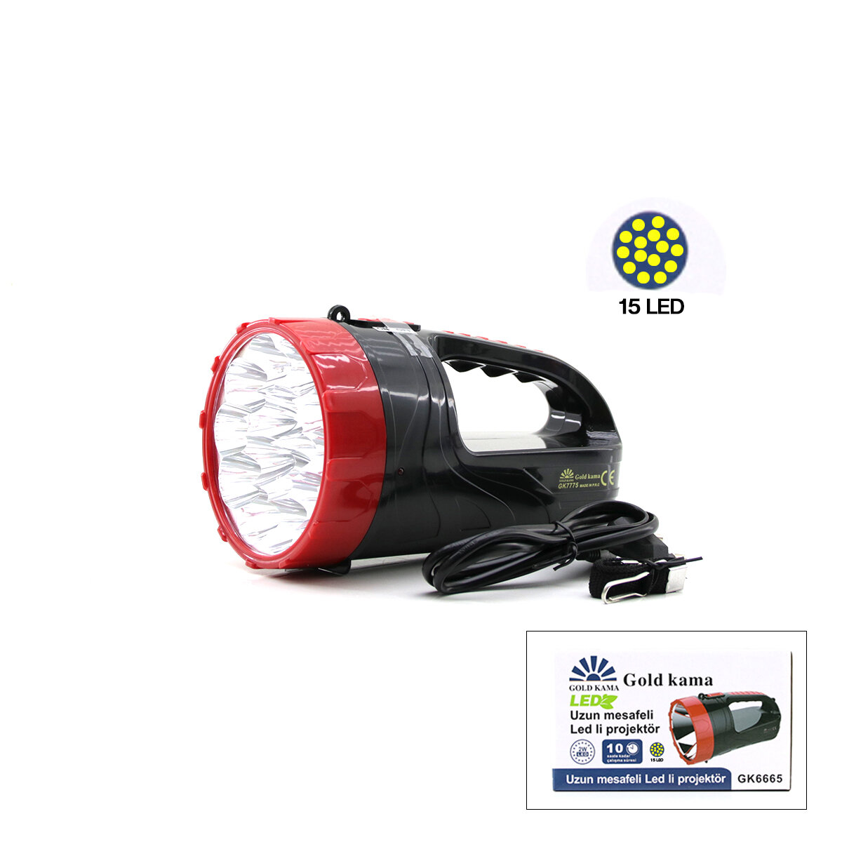 GOLD KAMA GK-7775 ( 15 LED ) EL FENERİ PROJEKTÖR ( FİŞ ŞARJLI ) ( 2 KADEME IŞIK AYARI )*45 GOLD KAMA GK-7775 ( 15 LED ) EL FENERİ PROJEKTÖR ( FİŞ ŞARJLI ) ( 2 KADEME IŞIK AYARI )*45