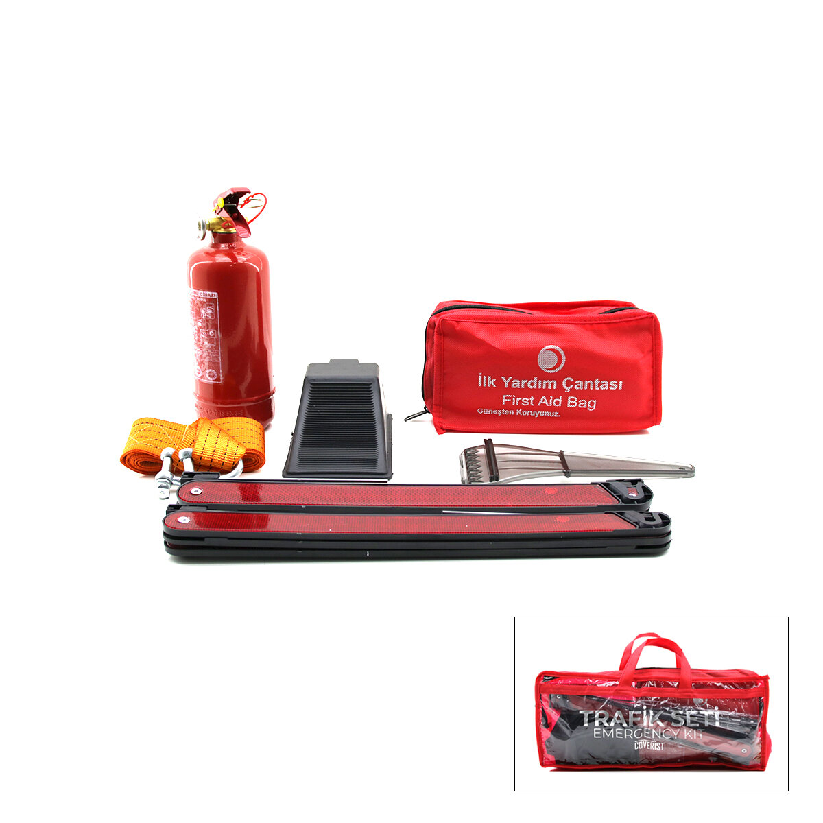 KRT-1102 ( 2Lİ SET ) ( 4 GEN ÇANTA ) ( 7PCS + 38PCS ) ( OTO TRAFİK SETİ + İLK YARDIM SETİ ) (YANGIN TÜPÜ=1KG) (2PCS REFLEKTÖR) (BEZ KEMER ÇEKME HALAT=2.9MT) (ARAÇ TAKOZ) (BUZ KAZIMA) (SET ÇANTASI)*12