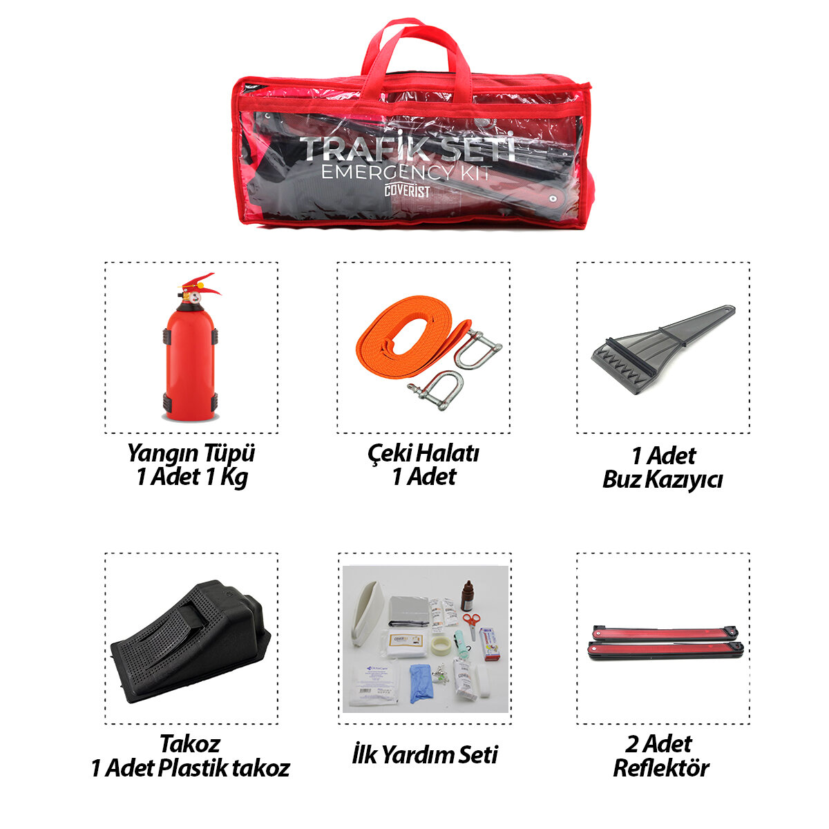 KRT-1102 ( 2Lİ SET ) ( 4 GEN ÇANTA ) ( 7PCS + 38PCS ) ( OTO TRAFİK SETİ + İLK YARDIM SETİ ) (YANGIN TÜPÜ=1KG) (2PCS REFLEKTÖR) (BEZ KEMER ÇEKME HALAT=2.9MT) (ARAÇ TAKOZ) (BUZ KAZIMA) (SET ÇANTASI)*12
