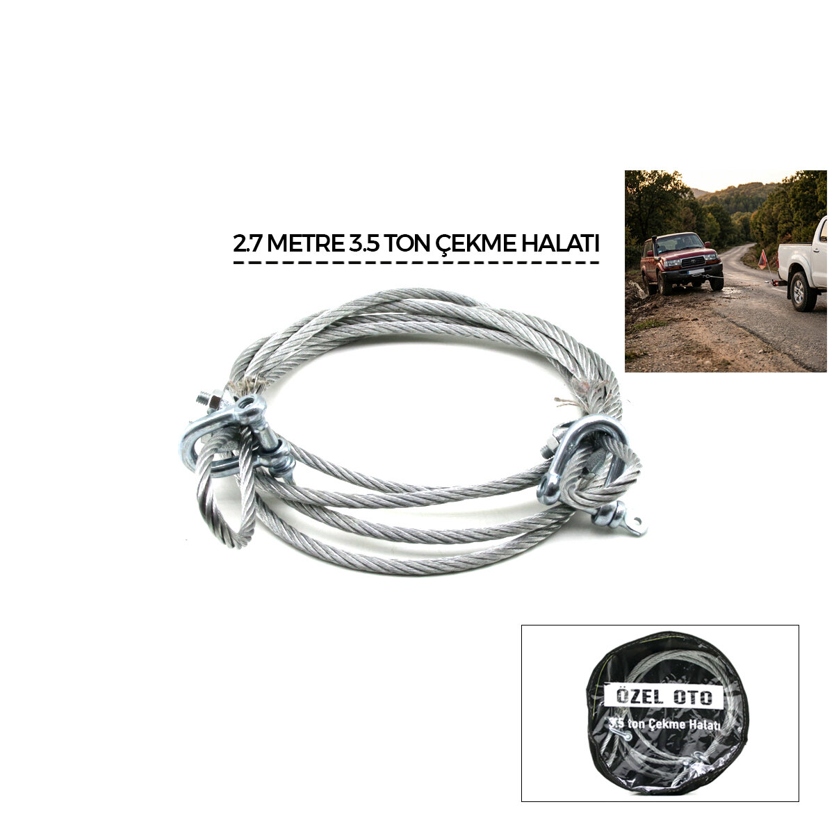 ÖZEL OTO ( ÇELİK ) ( 3.5 TON ) ( 2.7MT ) OTO ÇEKME HALATI ( PVC PENCERELİ BEZ ÇANTALI )*50