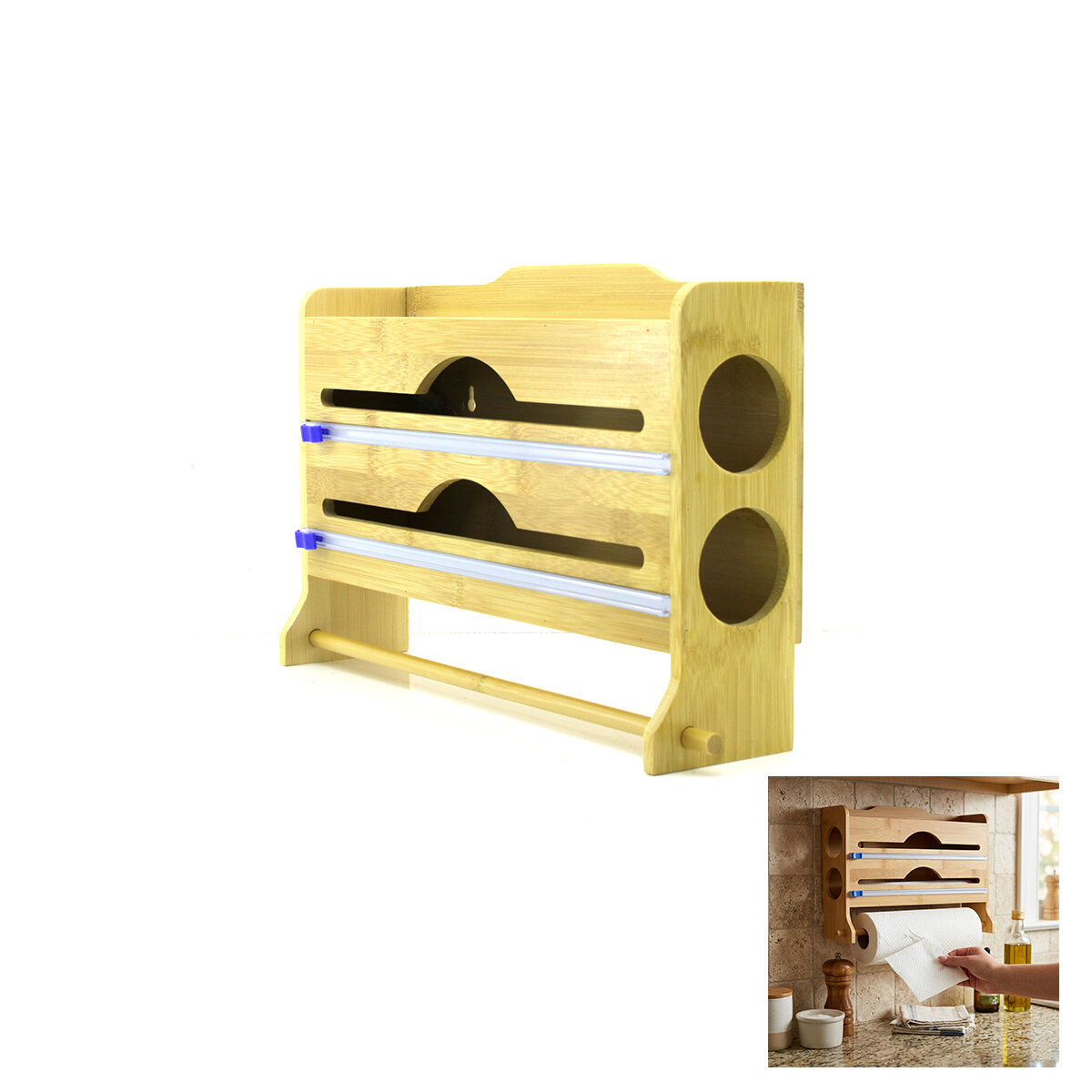 İBİCO İ22-394 ( 2IN1 = 2 STREÇLİK & 1 KAĞIT HAVLULUK ) AHŞAP BAMBU ( STREÇLİK & FOLYOLUK & HAVLULUK ) ( KESİCİ BIÇAK KANALLI )*20