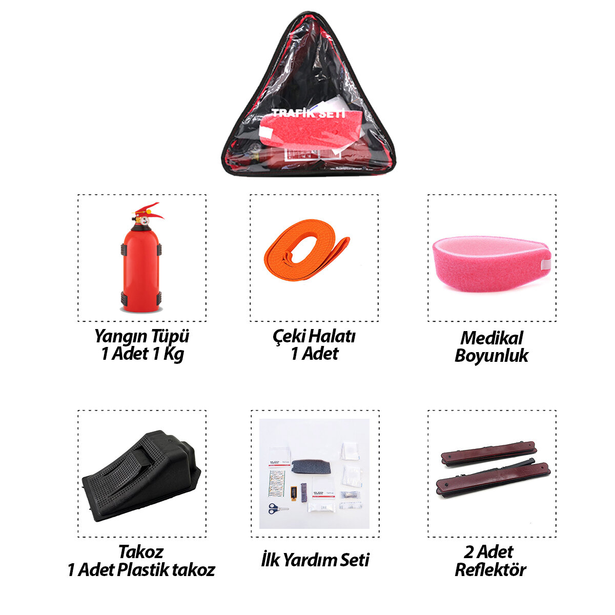 KRT-1097 ( 2Lİ SET ) ( 3 GEN ÇANTA ) ( 6PCS + 17PCS ) ( OTO TRAFİK SETİ + İLK YARDIM SETİ ) (YANGIN TÜPÜ=1KG) (2PCS REFLEKTÖR) (BEZ KEMER ÇEKME HALAT) (ARAÇ TAKOZ) (SET ÇANTASI)*12