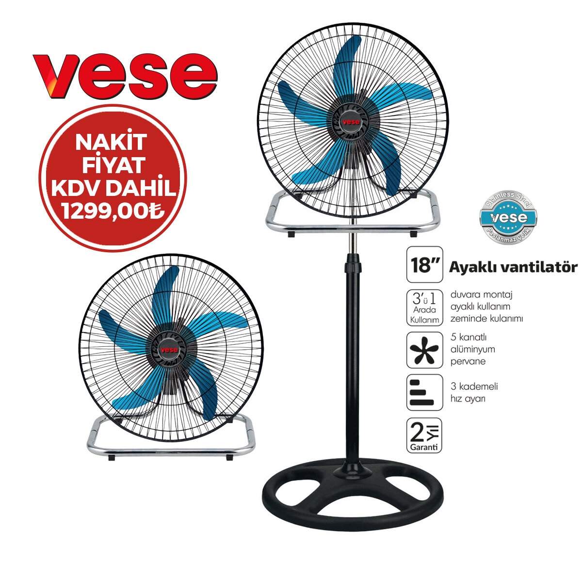VESE VNT-003 ( 18" İNÇ ) ( 46CM ) ( SANAYİ ) TİPİ AYAKLI VANTİLATÖR ( 3 KADEME HIZ & 5 METAL KANAT ) ( 80W ) FAN*3=K