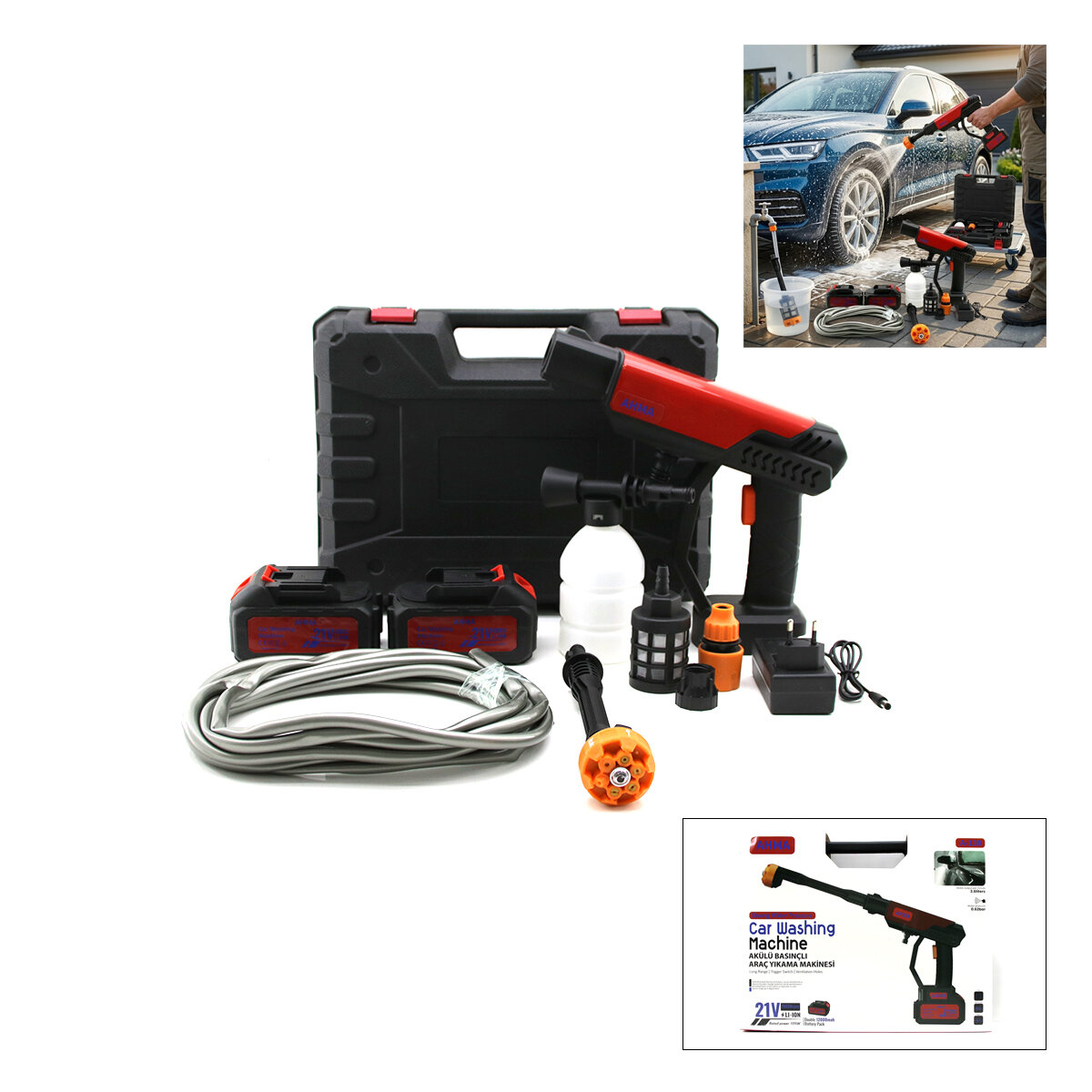 AHMA A-130 OTO & ARAÇ YIKAMA MAKİNESİ ( ŞARJLI & YEDEK BATARYALI ) (135W & 19000 RPM) (12000 mAh & 21V)(0.62bar)*10