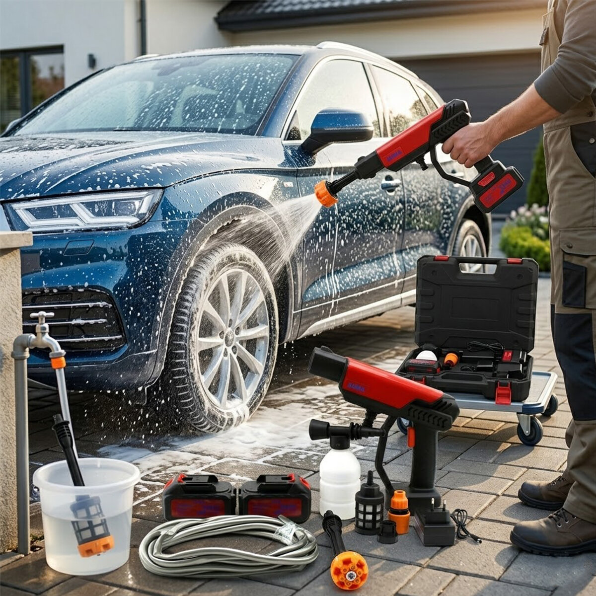 AHMA A-130 OTO & ARAÇ YIKAMA MAKİNESİ ( ŞARJLI & YEDEK BATARYALI ) (135W & 19000 RPM) (12000 mAh & 21V)(0.62bar)*10