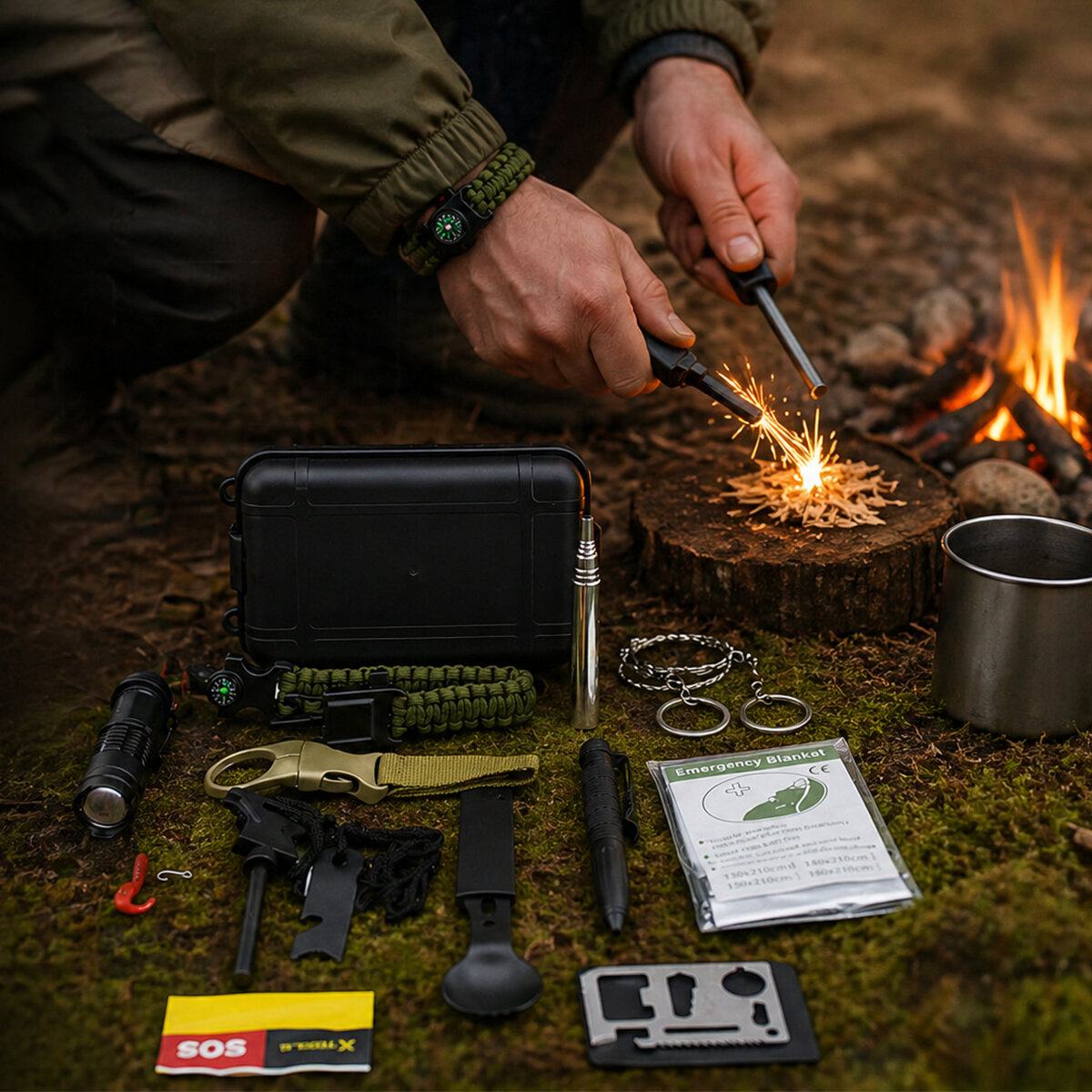MAKAMP-052 ( 12PCS ) HAYATTA KALMA KİTİ & KAMP MALZEME SETİ ( EL FENER-PUSULALI BİLEKLİK-ATEŞ BAŞLATICI-TAKTİK KALEM-KAŞIK ÇATAL-TEL TESTERE-TERMAL BAT.-TAKTİK KEMER ASK.-İĞNE-SOS KART)*1