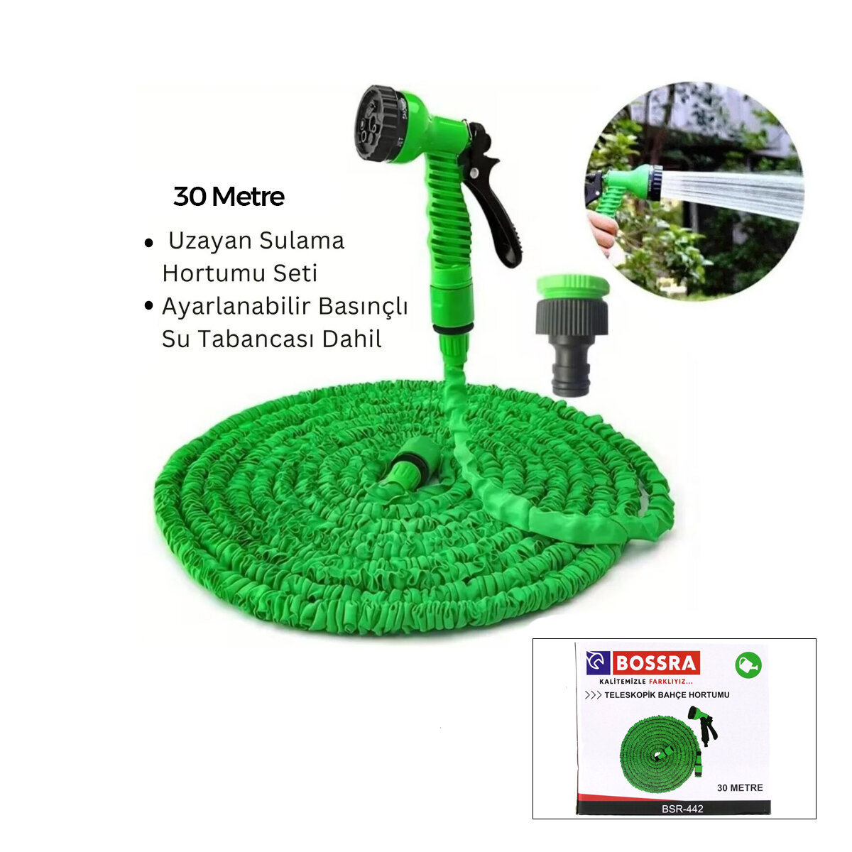 BOSSRA BSR-442 ( 30MT ) ( TELESKOPİK UZAYAN ) BAHÇE HORTUMU ( 7 FONKSİYON AYARLI TETİKLİ TABANCA )*20