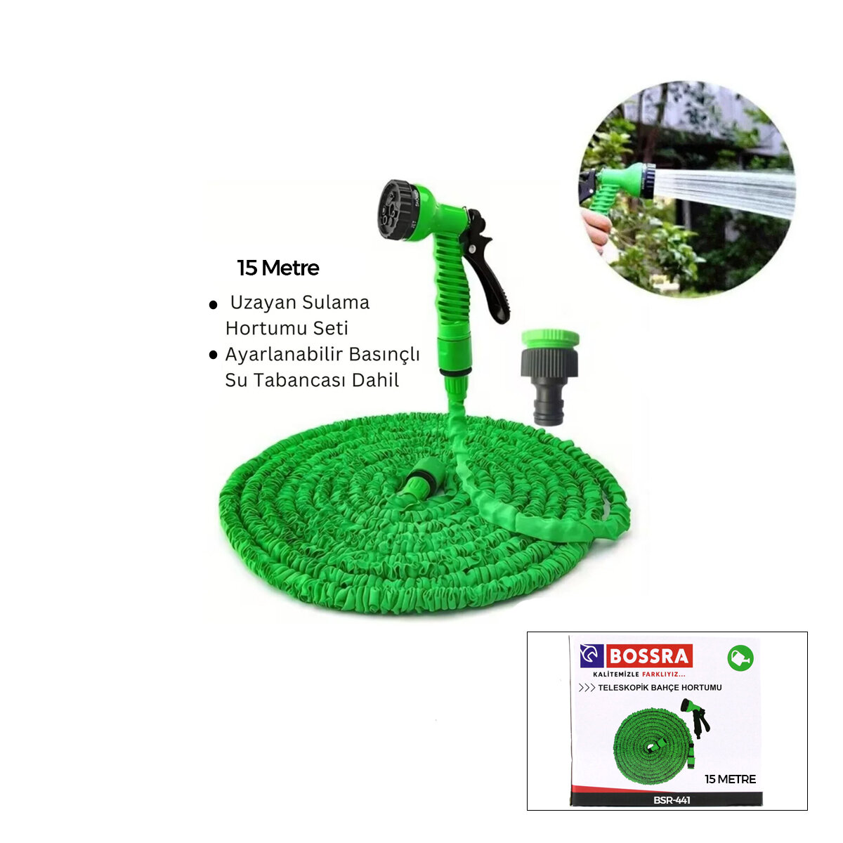 BOSSRA BSR-441 ( 15MT ) ( TELESKOPİK UZAYAN ) BAHÇE HORTUMU ( 7 FONKSİYON AYARLI TETİKLİ TABANCA )*20