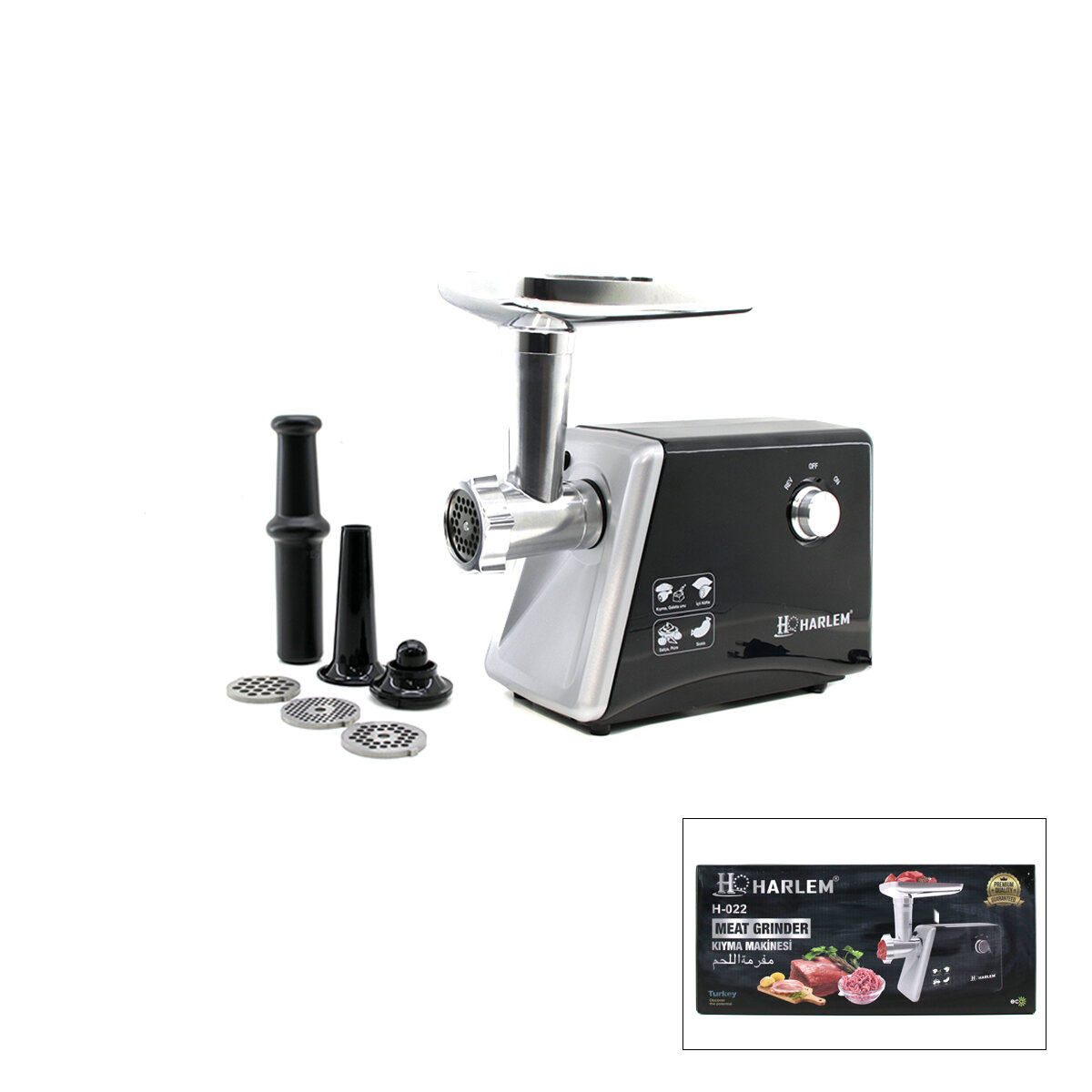 HARLEM GURME H-020-022 ( SİYAH ) ELEKTRİKLİ ET KIYMA MAKİNESİ (2200W) (SALÇA & PÜRE & SOSİS DOLDURMA & GALETE UNU & İÇLİ KÖFTE)*4