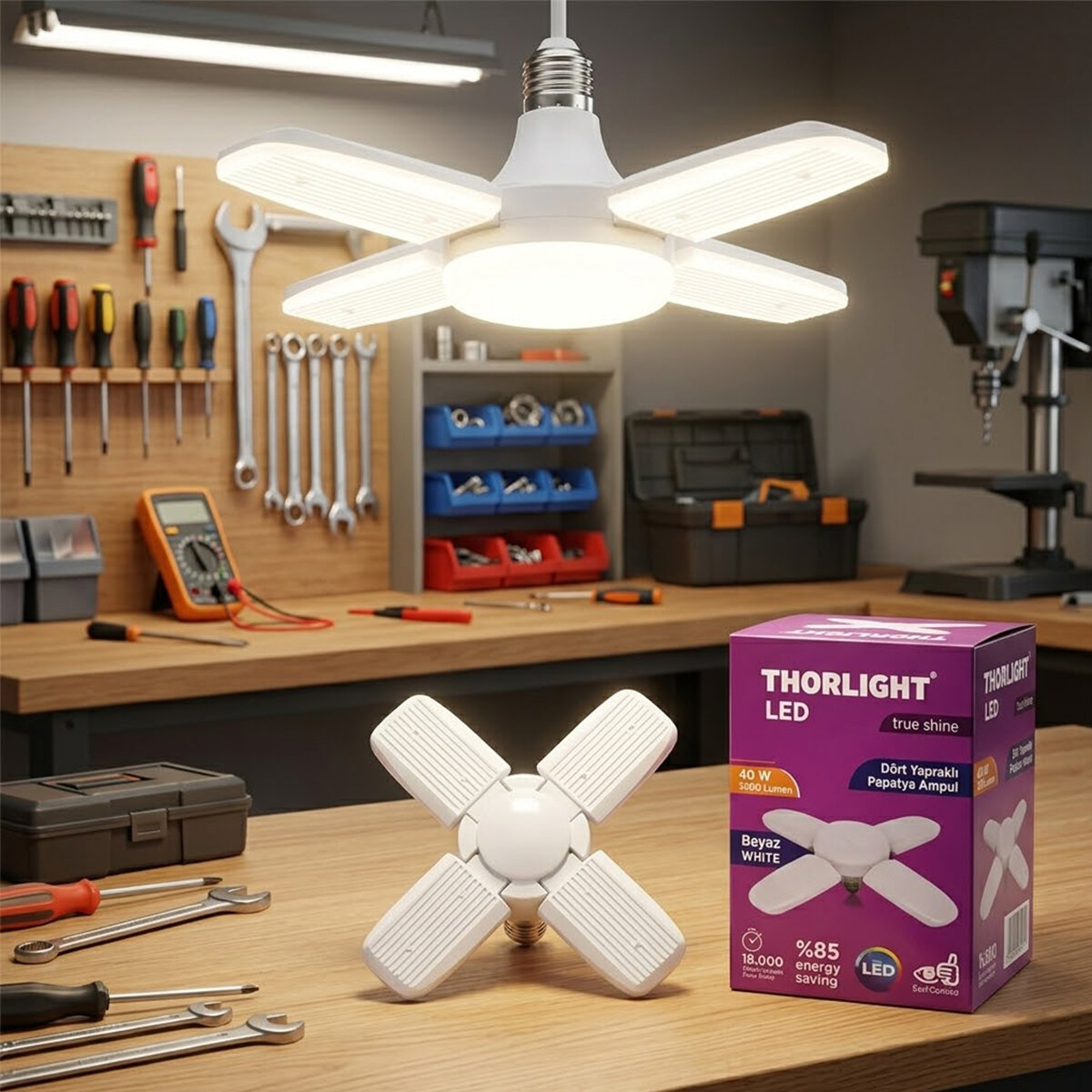 THORLIGHT P-6040B ( 1+4 KOLLU & YAPRAKLI ) ( PERVANE MODELİ ) PAPATYA  BEYAZ LED LAMBA AMPUL ( 40W & E27)*27