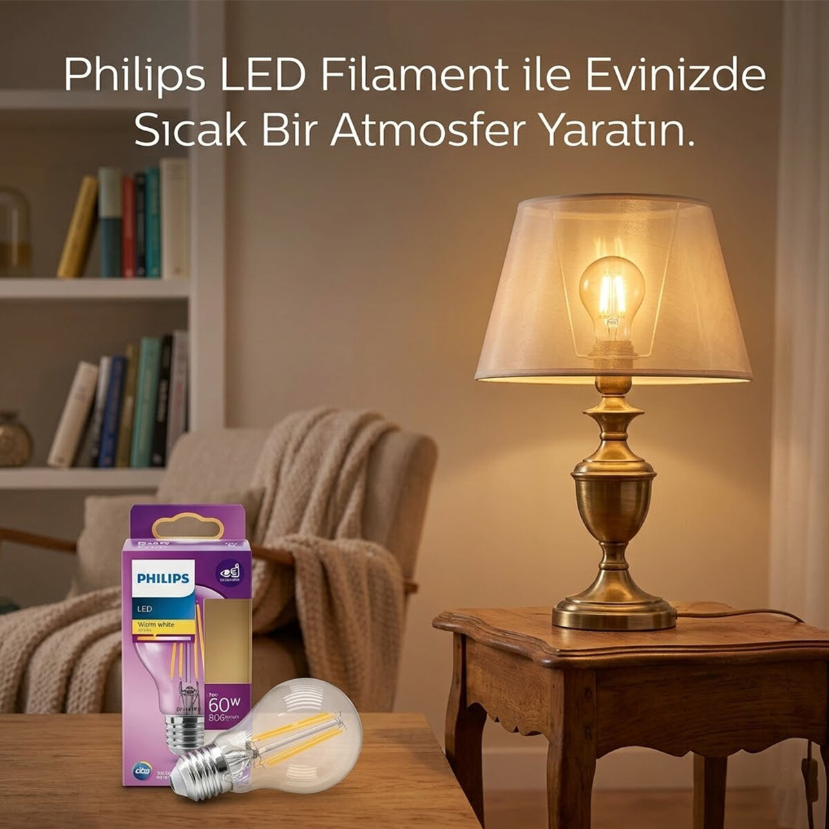 PHILIPS ( 7W = 60W & E27 ) ( GOLD COLOR ) ( LED FİLAMENT & RUSTİK AMPUL ) LAMBA ( 806 LUMEN ) ( CAM GÖVDE )*4=K
