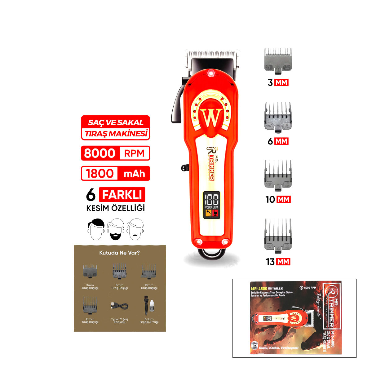 MR.TRIMMER MR-4800 SAÇ & SAKAL KESME TRAŞ MAKİNESİ ( AYARLANABİLİR BIÇAK & 0,1MM-0,5MM ) ( 8000RPM ) ( 6 FARKLI KESİM )*40 MR.TRIMMER MR-4800 SAÇ & SAKAL KESME TRAŞ MAKİNESİ ( AYARLANABİLİR BIÇAK & 0,1MM-0,5MM ) ( 8000RPM ) ( 6 FARKLI KESİM )*40