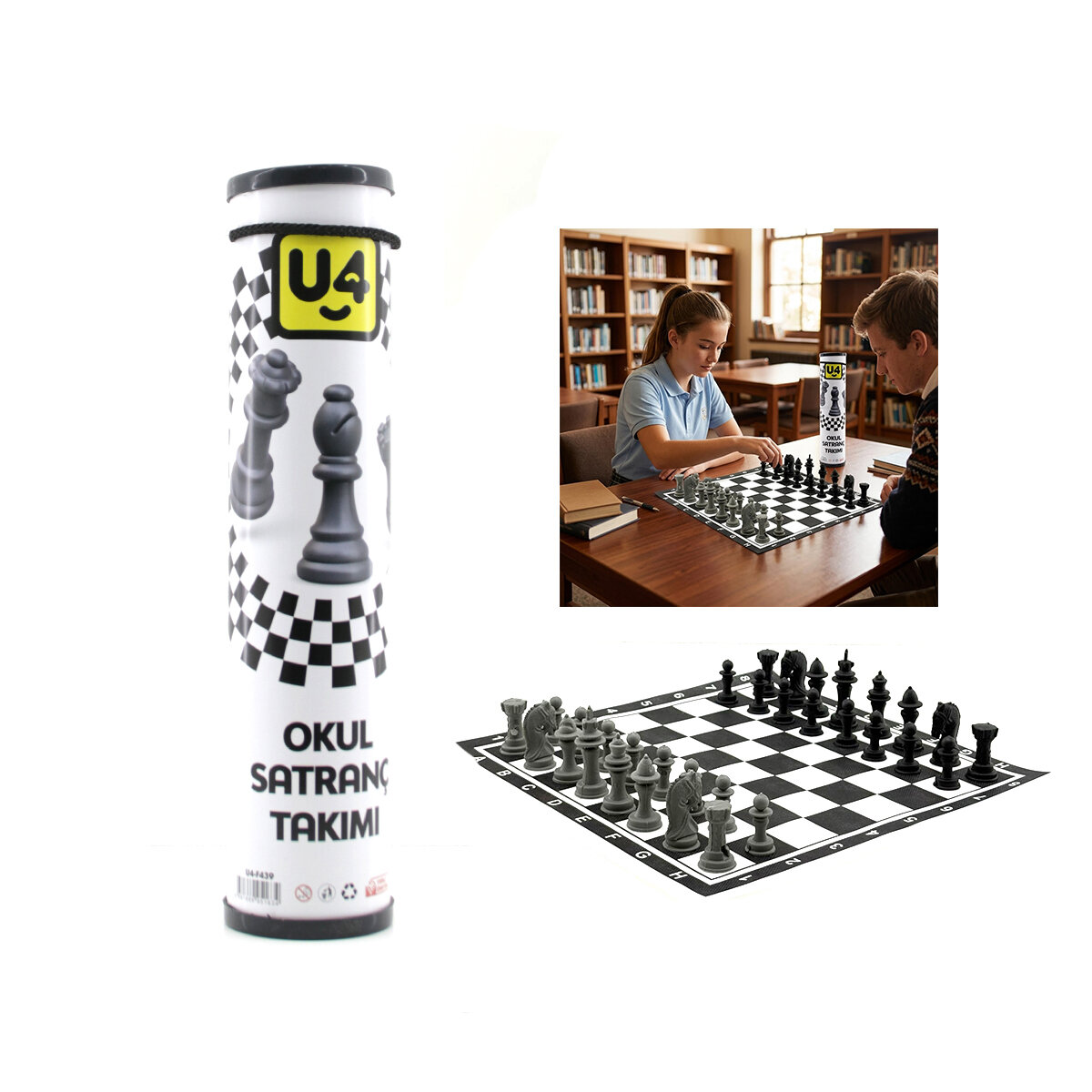 U4-F439 CODE-4244 ( BEZLİ ) ( RULO KARTON ) SATRANÇ TAKIMI ( ZEKA & MANTIK & STRATEJİ OYUNU ) ( OKUL MÜFREDATA UYGUN ) ( İP TAŞIMA KULPLU )*24=K
