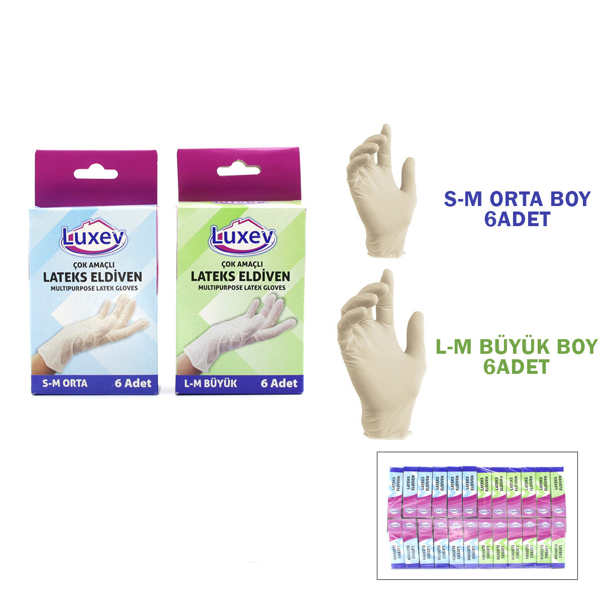 LUXEV ( 6PCS ) ( S-M & M-L BEDEN ) LATEX MUAYENE ELDİVENİ ( LATEKS )*24X1