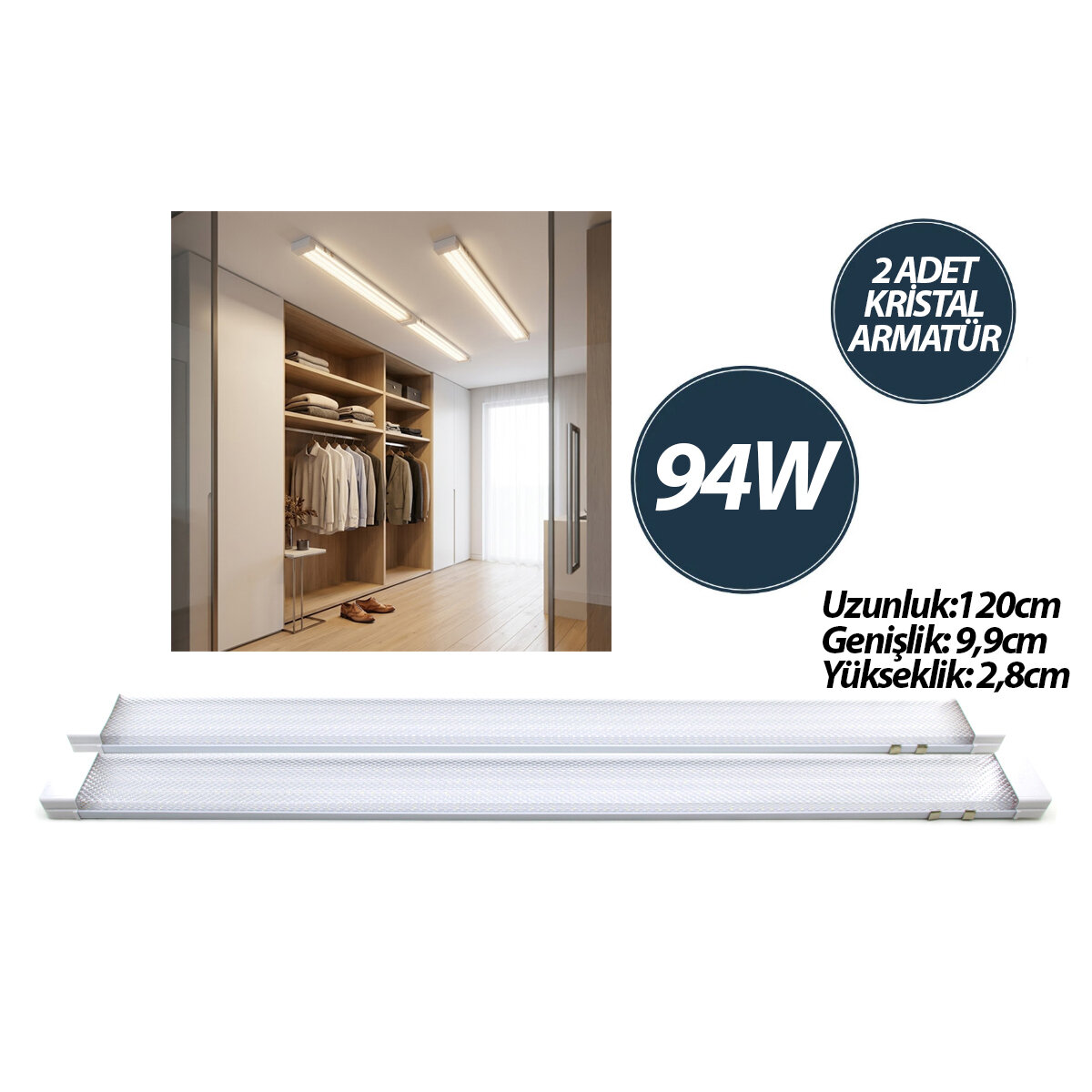 NİSALUCE EAMP-093/1B ( 2 PCS ) ( 94W ) ( 120CM ) KRİSTAL LED BANT ARMATÜR (BEYAZ=6500K) (ALÜMİNYUM KAPAK) (IP20 & Y BAĞLANTI)*18