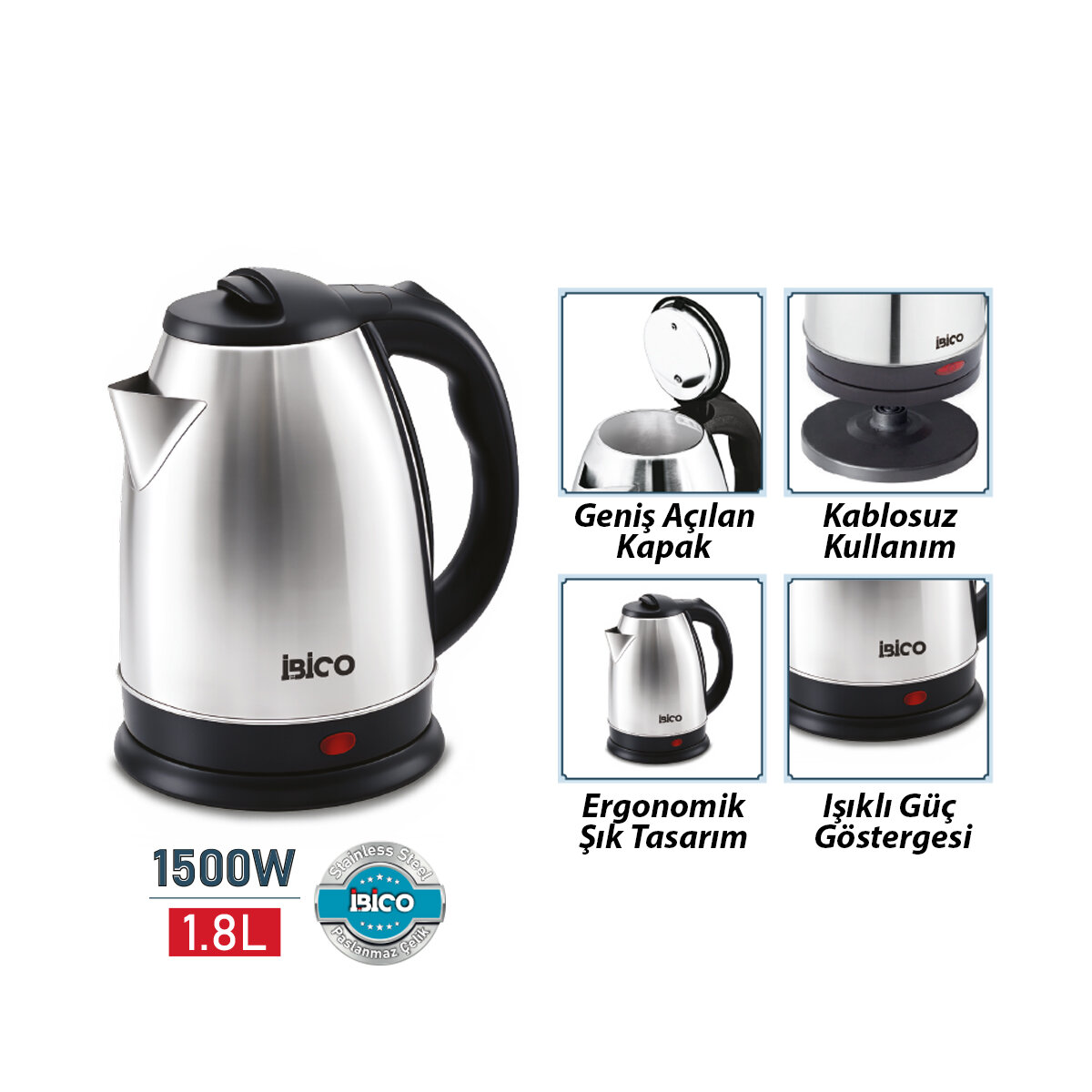İBİCO MTF-001 ( ÇELİK ) KETTLE ELEKTRİKLİ SU ISITICISI ( PASLANMAZ ÇELİK GİZLİ REZİSTANS ) ( 360° ) ( 1.8LT ) ( 1500W )*6