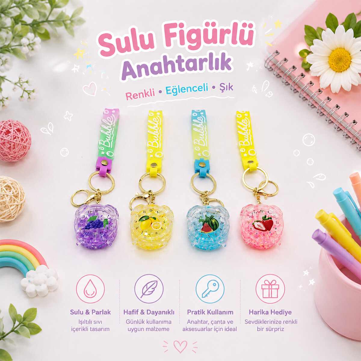 İM@-6124 ( SULU & FİGÜRLÜ ) MİKA KRİSTAL ANAHTARLIK ( GOLD KULP & KANCALI )*12X50