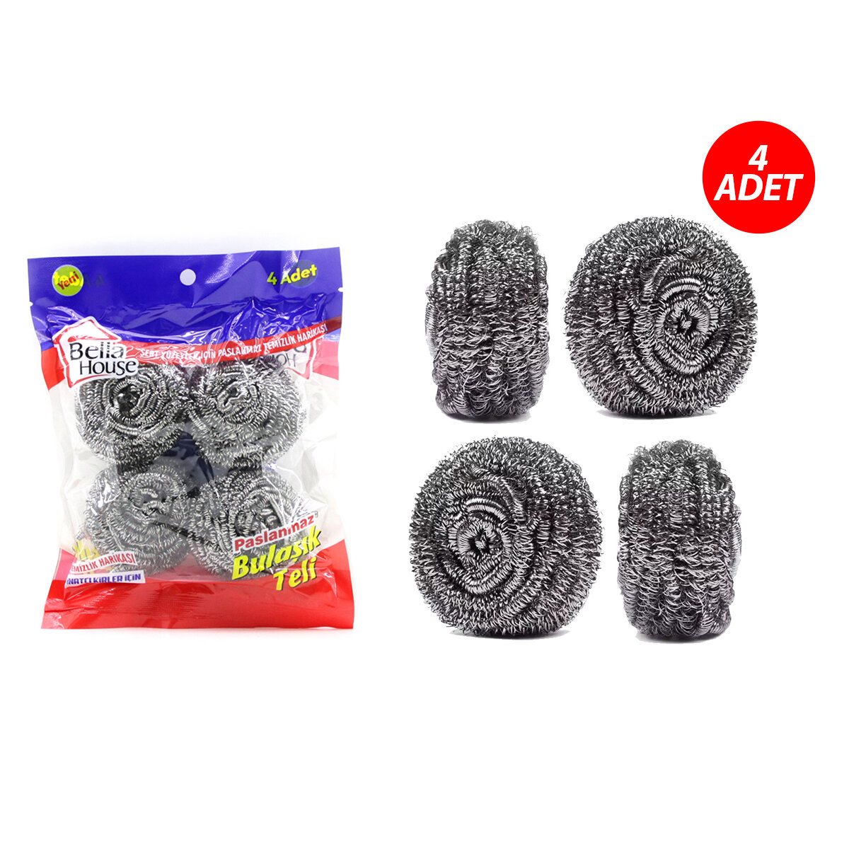 BELLA HOUSE K-7279 ( 4PCS ) ( POŞETLİ ) BULAŞIK TOP TELİ ( PASLANMAZ )*12X20