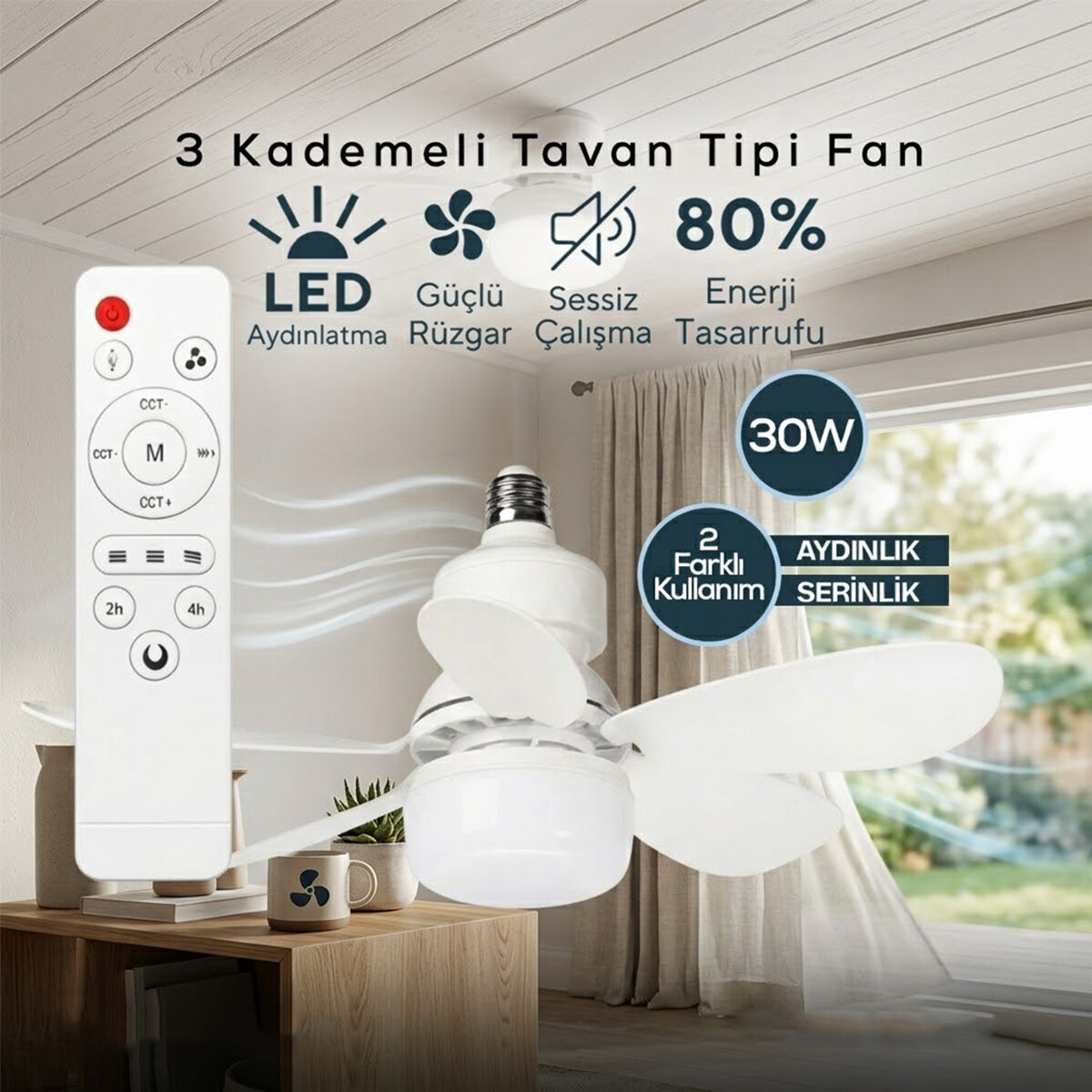 VENTUS ( 2İN1=TAVAN VANTİLATÖR & AVİZE LAMBA) ( KUMANDALI ) ( 5-BEYAZ PLASTİK KANAT ) ( 3-KADEME HIZ ) ( BEYAZ-SARI )*24