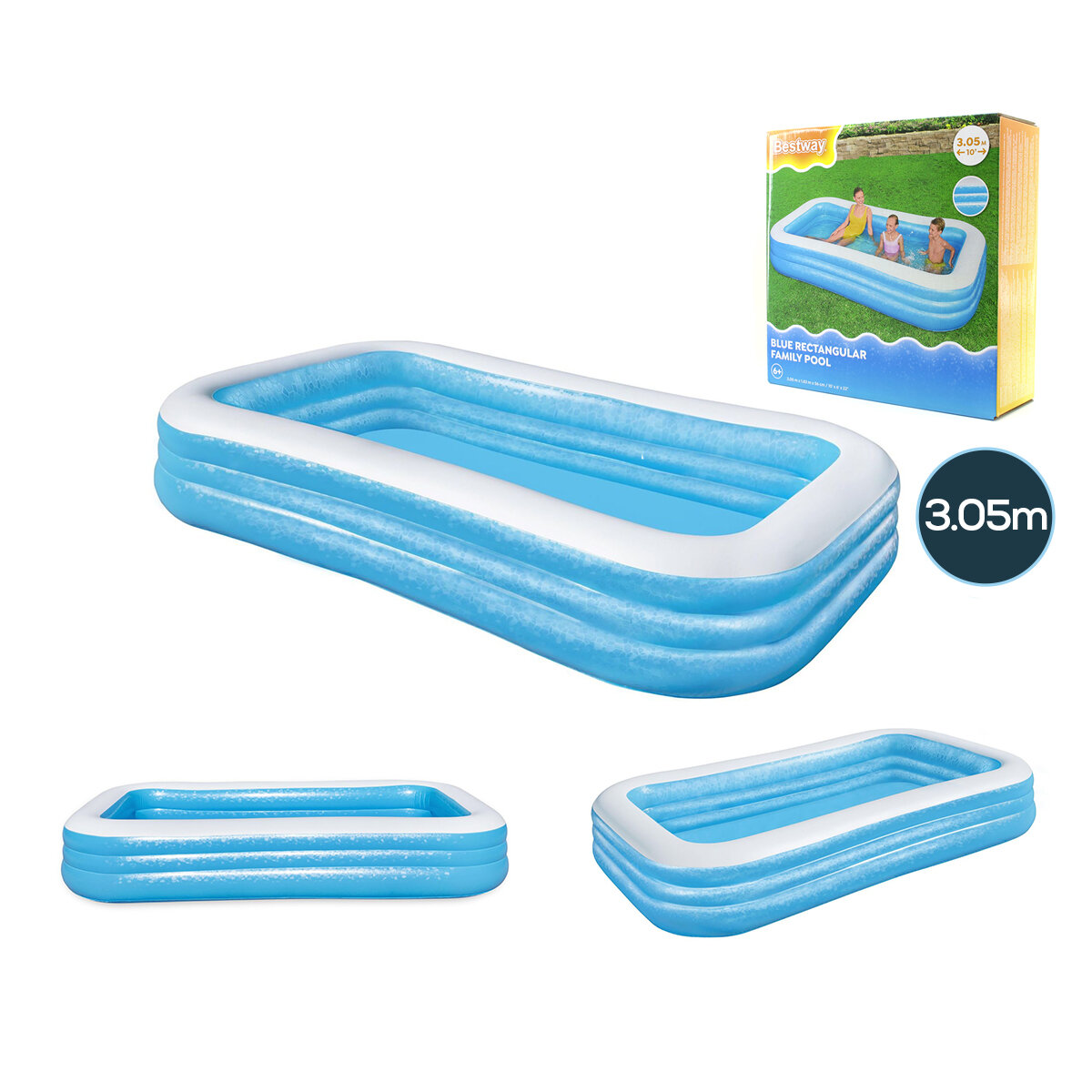 BESTWAY-54009 ( 3 HALKA ) ( 1.16LT ) DİKDÖRTGEN AİLE MAVİ ŞİŞME HAVUZ ( 3.05X1.83X56CM ) ( 6+YAŞ )*2=K