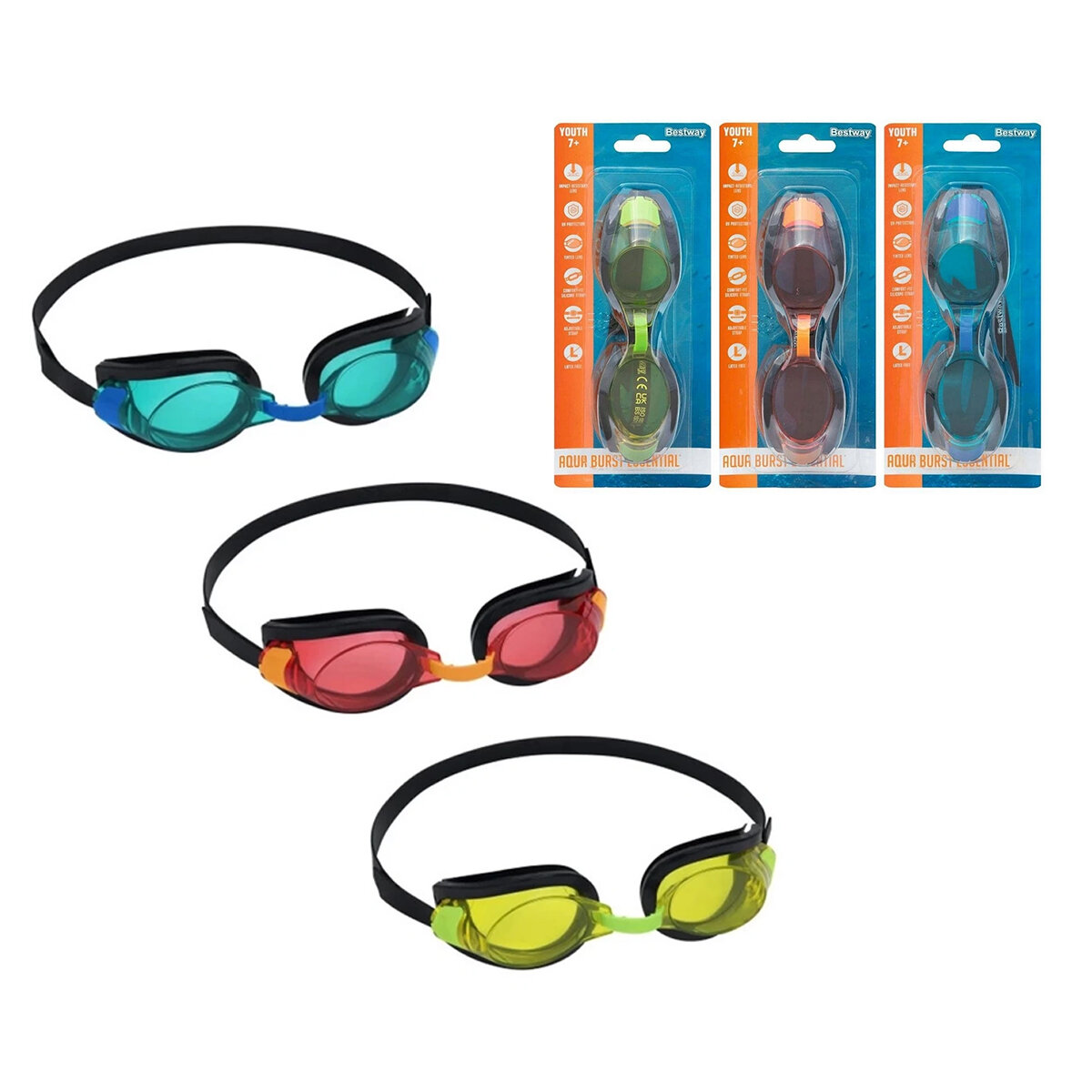 BESTWAY-21005 (7+YAŞ ÇOCUK & GENÇ) YÜZÜCÜ DENİZ & HAVUZ GÖZLÜK (AYARLI SİLİKON KAYIŞ) (RENKLİ PLS.CAM) (UV IŞIK KORUMASI)*24=K