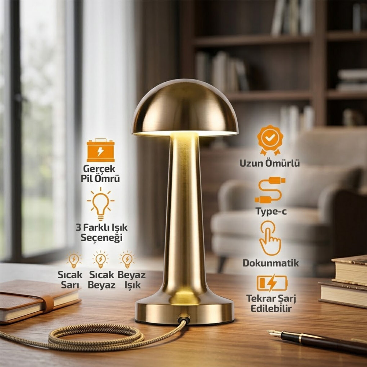 NOAS ATİNA YL86-1231 ( OVAL & METAL ) MANTAR MASA LAMBASI ( DOKUNMATİK & RENKLİ ) ( TYPE-C ŞARJLI ) ( 3 FONKSİYONLU )*20