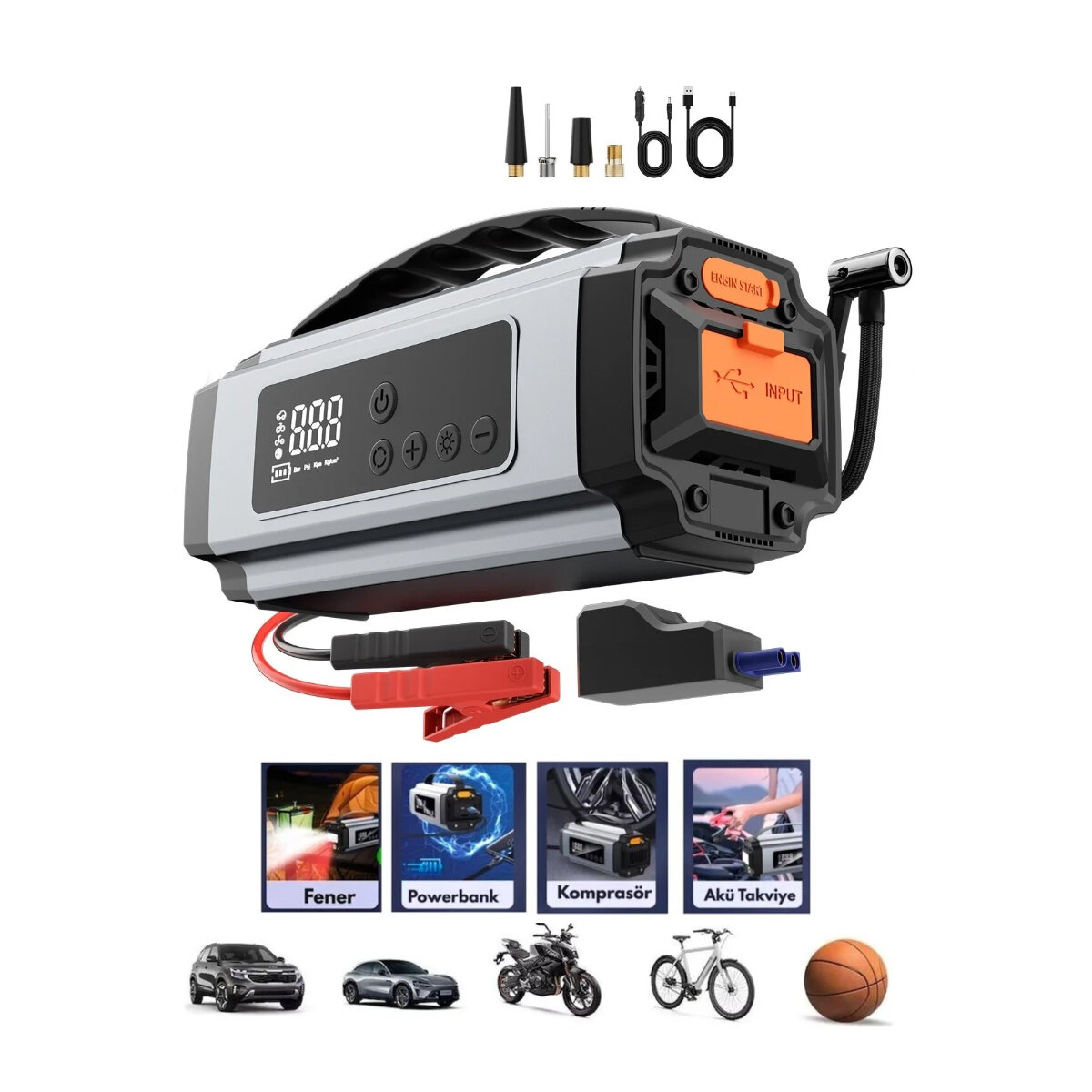 YAGE YG-898 ÇOK FONKSİYONLU OTO & ARAÇ TAKVİYE SET TAŞINABİLİR 120W ( DİJİTAL EKRAN ) ( POWERBANK ÖZELLİK & FENER & COB & PUSULA )*16
