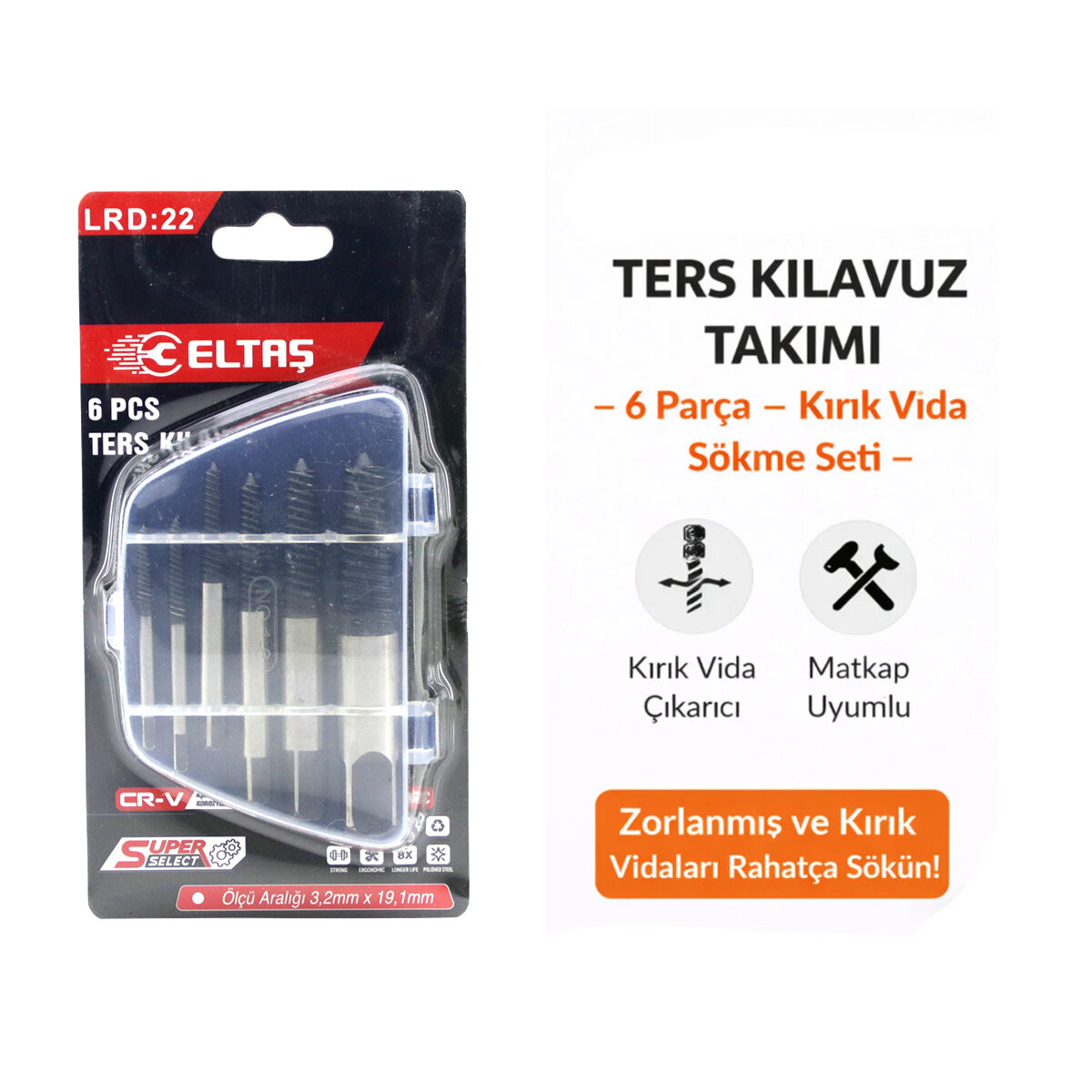ELTAŞ LRD-22 ( 6 PCS ) TERS KLAVUZ UÇ ( HASARLI VİDA ÇIKARICI SET ) ( SOLA DÖNEN ) ( 3-6 & 6-8 & 8-11 & 11-14 & 14-18 & 18-22MM )*120