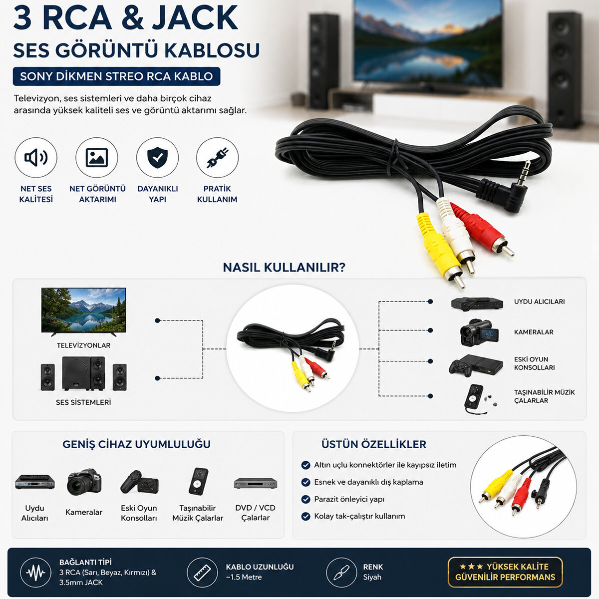 KRT-1135 ( 3 RCA & JACK ) SONY DİKMEN STREO RCA KABLO*15X1
