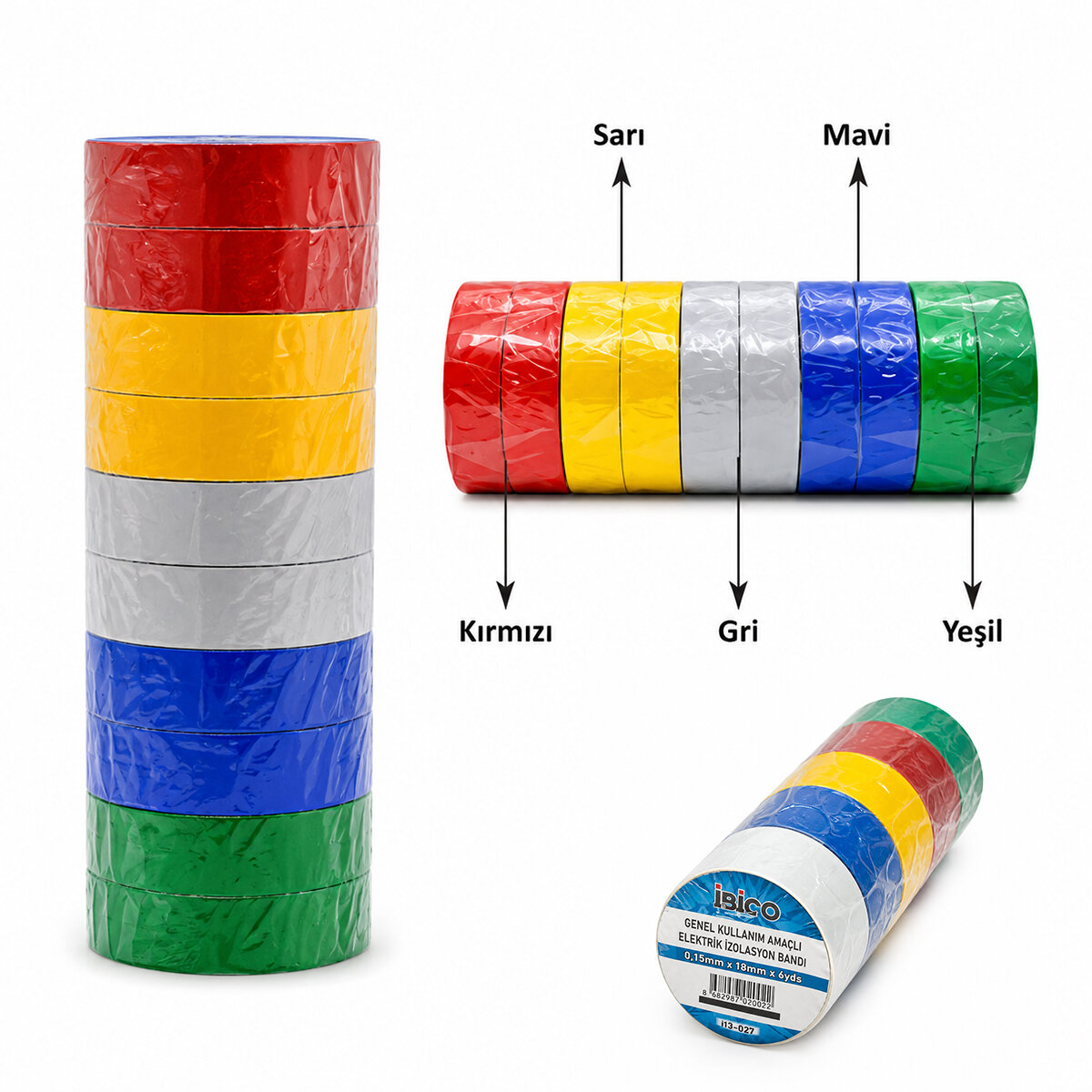 İBİCO İ13-027 ( RENKLİ ) İZOLASYON ELEKTRİK BANTI ( 0.15MMX18MM ) ( 6YDS ) ( MAVİ & SARI & KIRMIZI & BEYAZ & YEŞİL )*10X50
