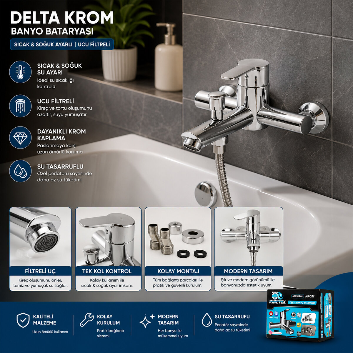 KINETEX KTX-2640 ( KROM ) DELTA BANYO BATARYASI ( AÇ KAPA)*12 KINETEX KTX-2640 ( KROM ) DELTA BANYO BATARYASI ( AÇ KAPA)*12