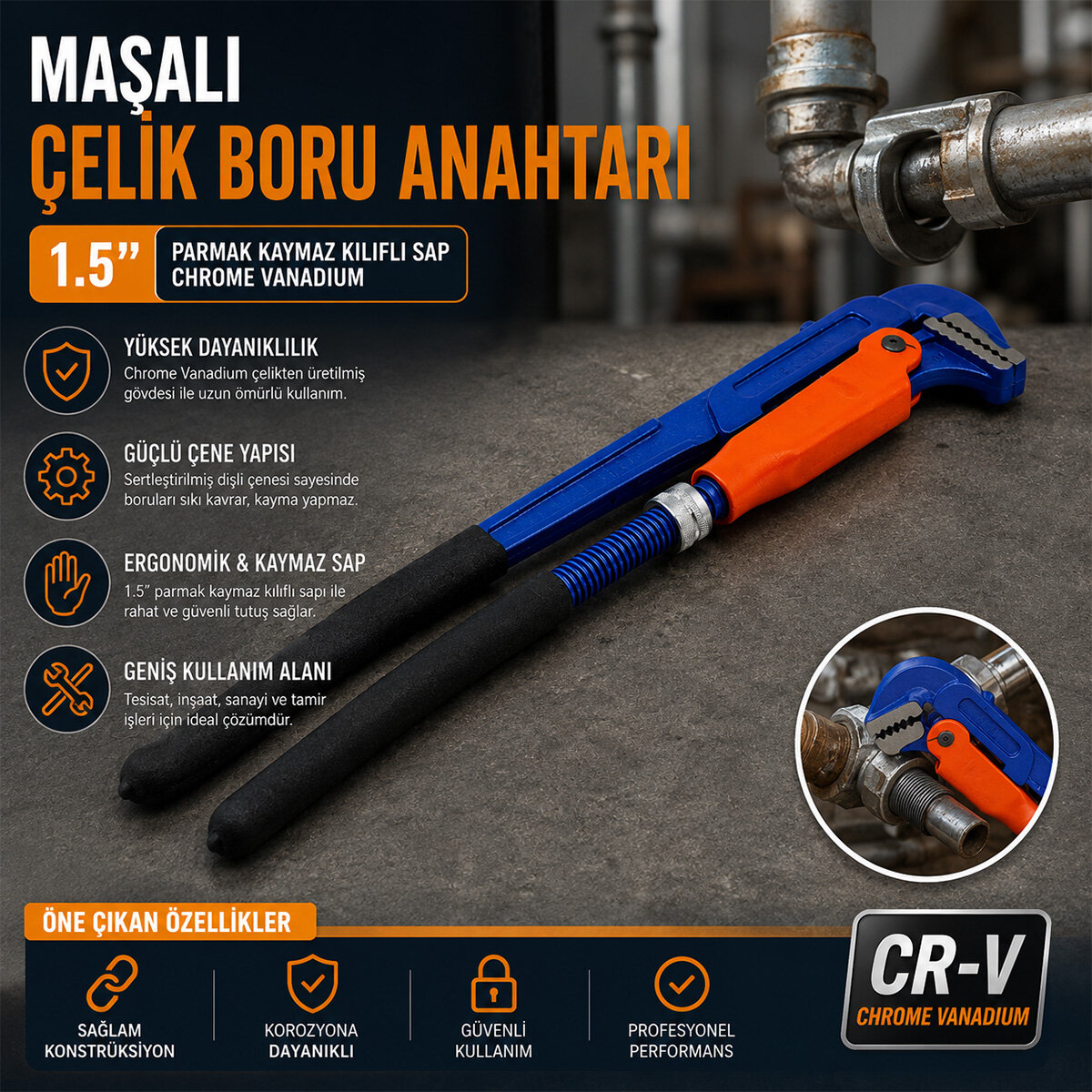 HCS PROLINE CR-V ( 1.5" PARMAK ) MAŞALI ÇELİK BORU ANAHTARI (PIPE WRENCH) (CHROME VANADIUM) (KAYMAZ KILIFLI SAP)*36 HCS PROLINE CR-V ( 1.5" PARMAK ) MAŞALI ÇELİK BORU ANAHTARI (PIPE WRENCH) (CHROME VANADIUM) (KAYMAZ KILIFLI SAP)*36