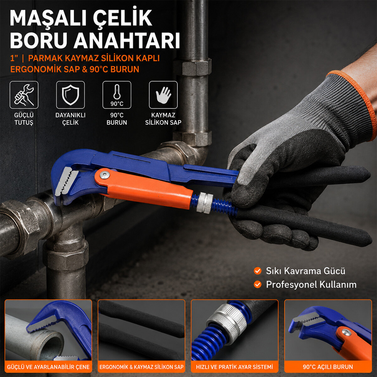HCS PROLINE CR-V ( 1" PARMAK ) MAŞALI ÇELİK BORU ANAHTARI ( SİLİKON KAPLI ERGONOMİK SAP & 90°C BURUN )*48 HCS PROLINE CR-V ( 1" PARMAK ) MAŞALI ÇELİK BORU ANAHTARI ( SİLİKON KAPLI ERGONOMİK SAP & 90°C BURUN )*48