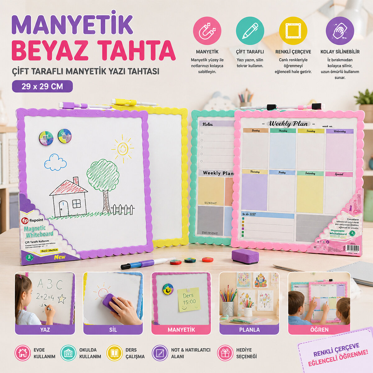 NEW MAGNETİC WHİTEBOARD JL-116 ( 29X29CM ) (ORTA) MANYETİK YAZI TAHTASI (ÇİFT TARAFLI) (RENKLİ ÇERÇEVE)*12X8