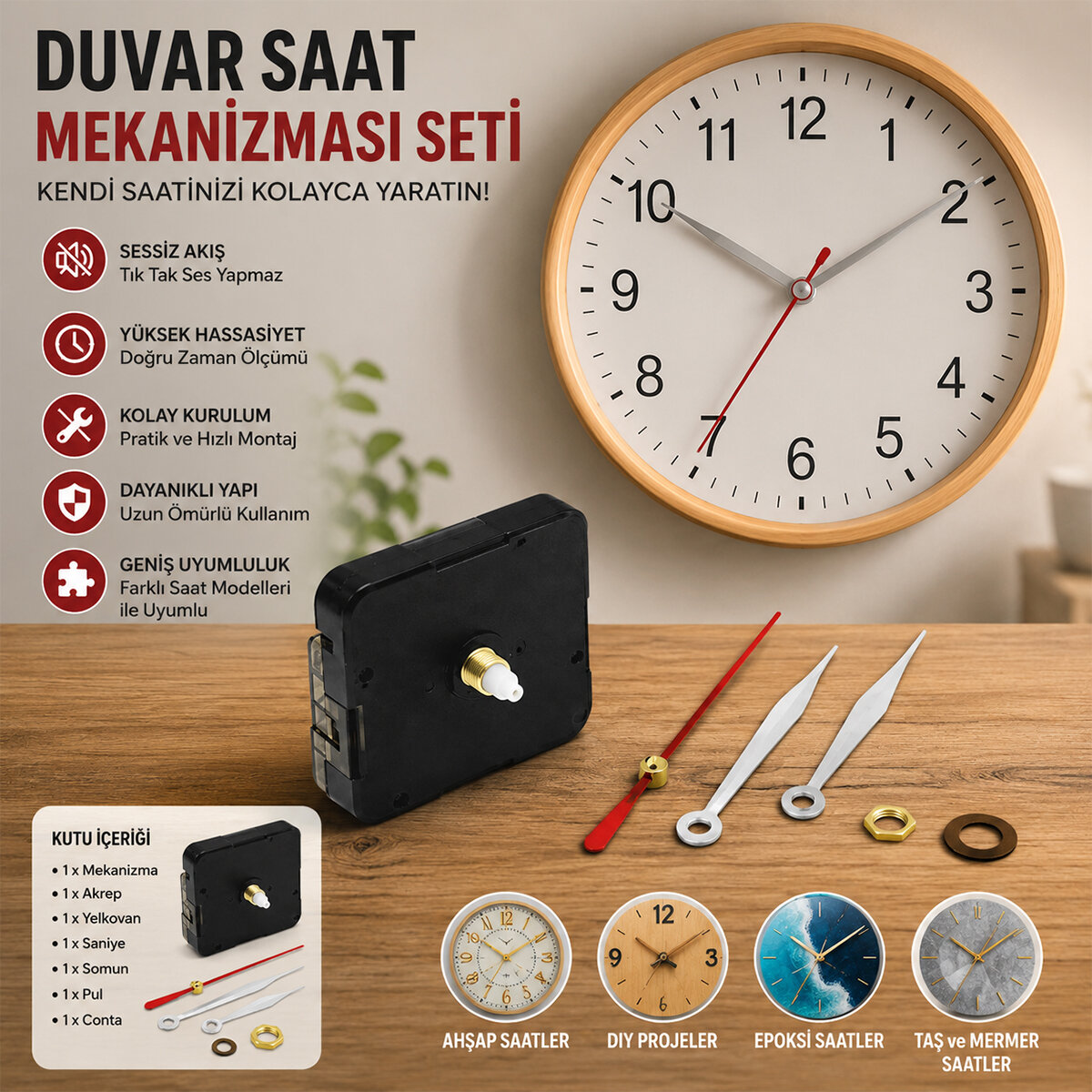EMİN TEKNOLOJİ EM-172A DUVAR SAAT  MEKANİZMASI SETİ *30X10