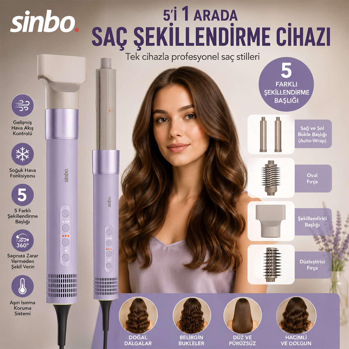 SİNBO SHD-1760 SAÇ ŞEKİLLENDİRME CİHAZI ( 110.000RPM ) ( 5 BAŞLIK & 3 HIZ & SICAKLIK AYAR )*4
