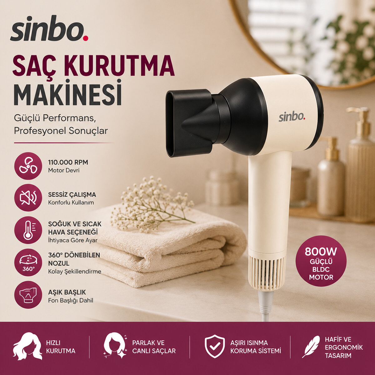 SİNBO SHD-1755 ( PEMBE ) SAÇ KURUTMA MAKİNESİ ( 110.000 RPM ) ( SESSİZ ÇALIŞMA & 3 HIZ - SICAKLIK AYAR )*6