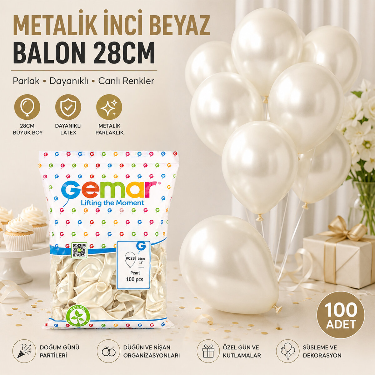 GEMAR GM-110-28 ( METALİK & İNCİ BEYAZ & PEARL ) BALON ( 11'' & 28CM & 100PCS )*1X50