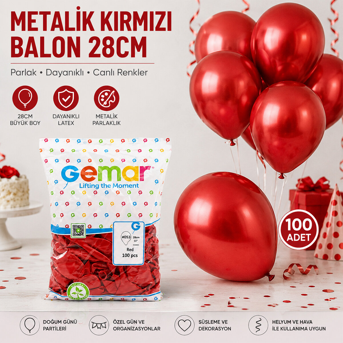GEMAR GM-110-53 ( METALİK & KIRMIZI ) BALON ( 11'' & 28CM & 100PCS )*1X50