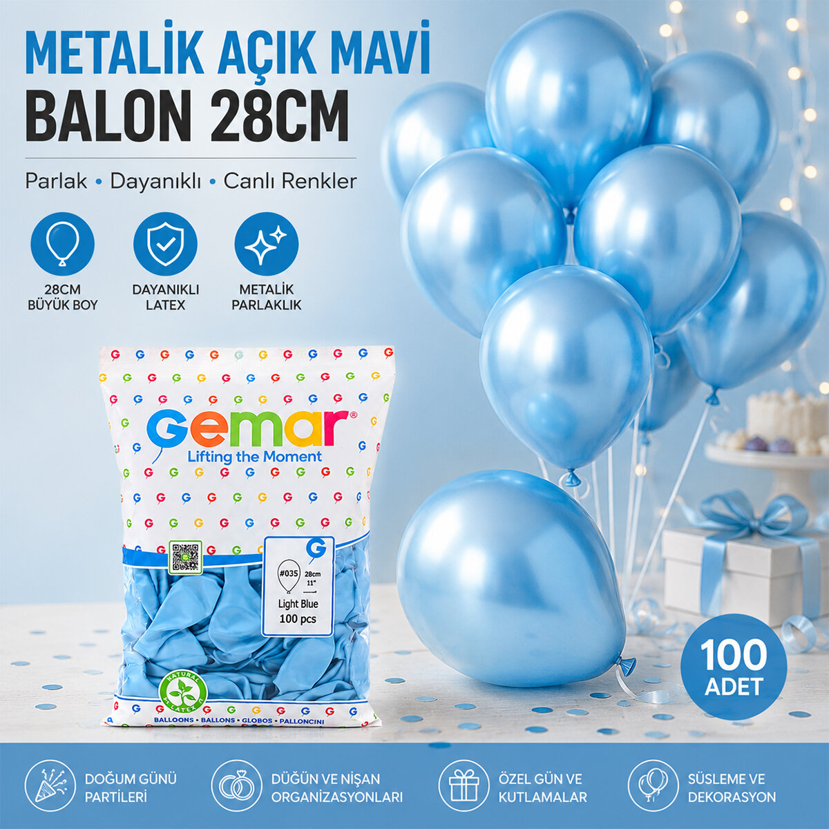 GEMAR GM-110-35 ( METALİK & AÇIK MAVİ ) BALON ( 11'' & 28CM & 100PCS )*1X50
