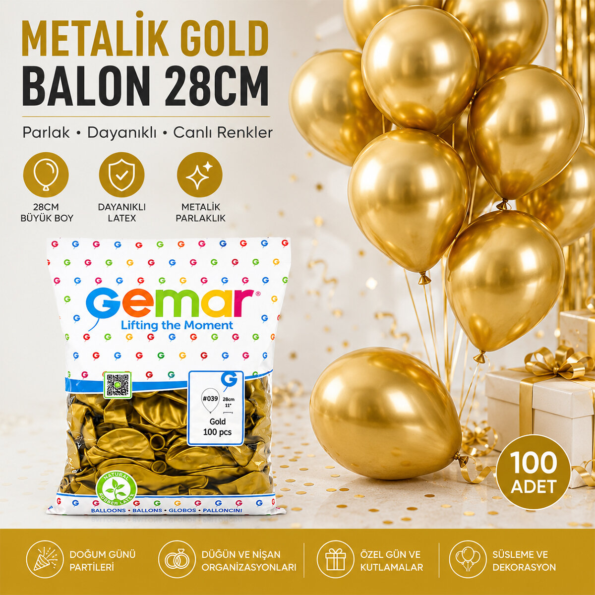 GEMAR GM-110-39 ( METALİK & GOLD ) BALON ( 11'' & 28CM & 100PCS )*1X50