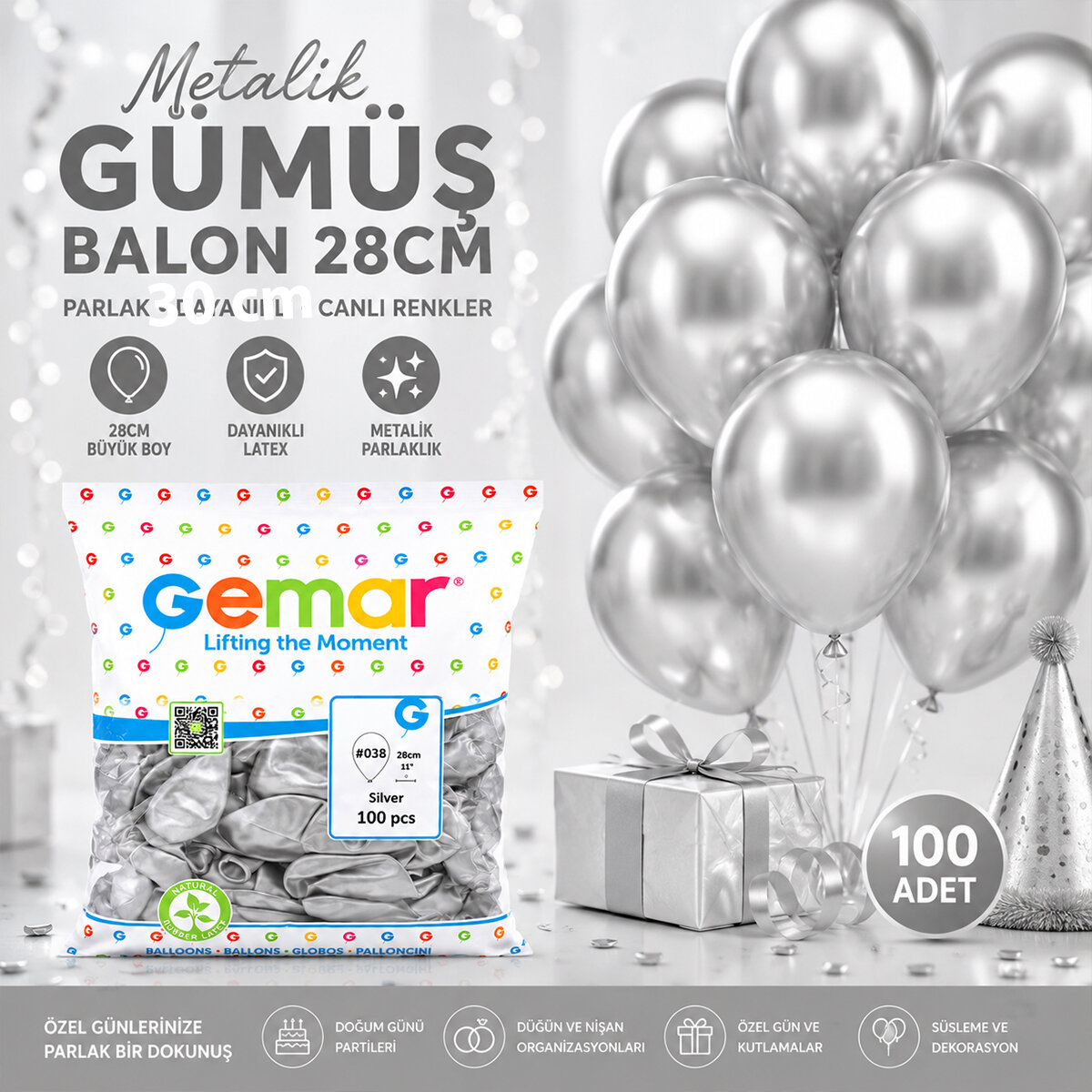 GEMAR GM-110-38 ( METALİK & GÜMÜŞ & SİLVER ) BALON ( 11'' & 28CM & 100PCS )*1X50