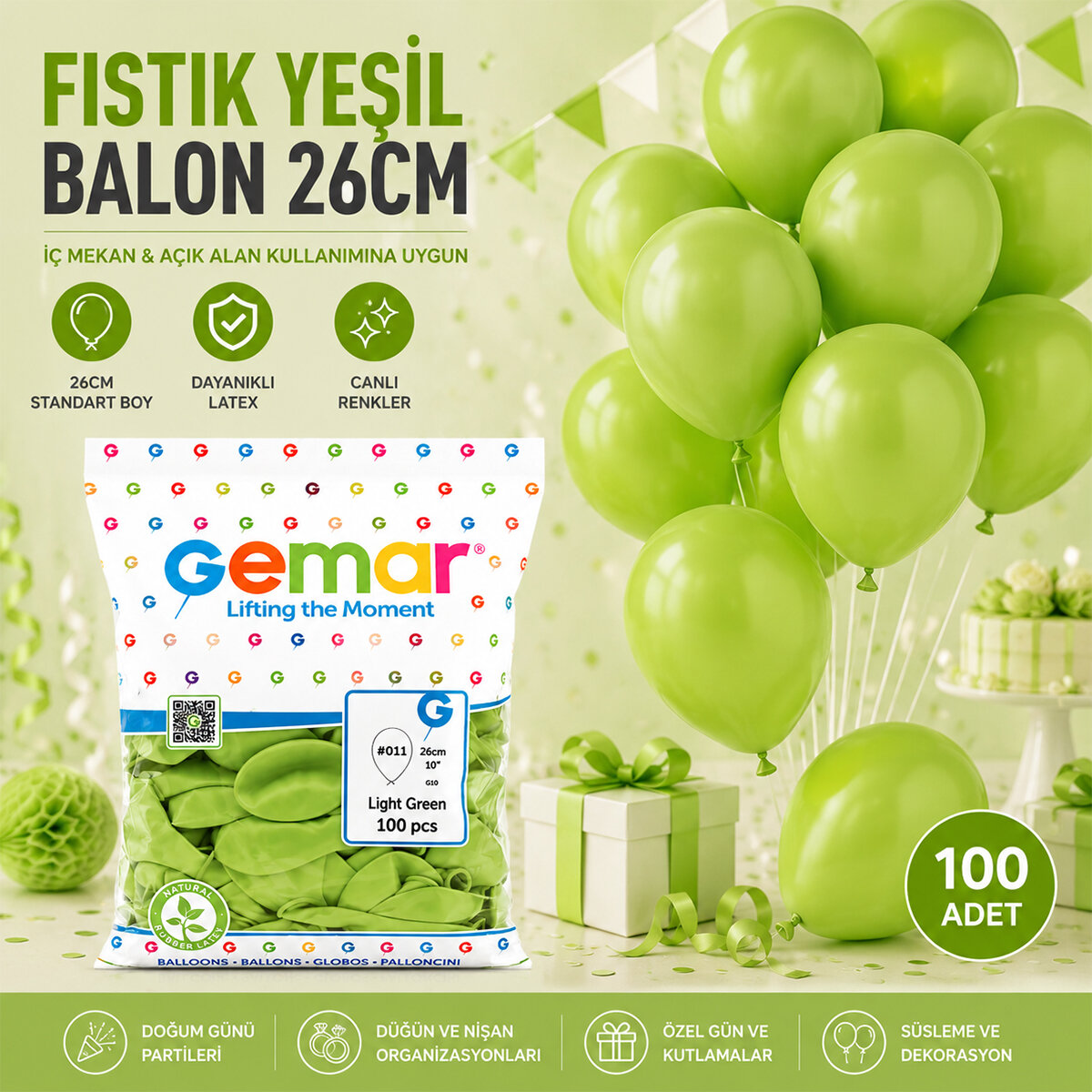 GEMAR GM-90-11 ( İÇ MEKAN & FISTIK YEŞİL ) BALON ( 10'' & 26CM & 100PCS )*1X100