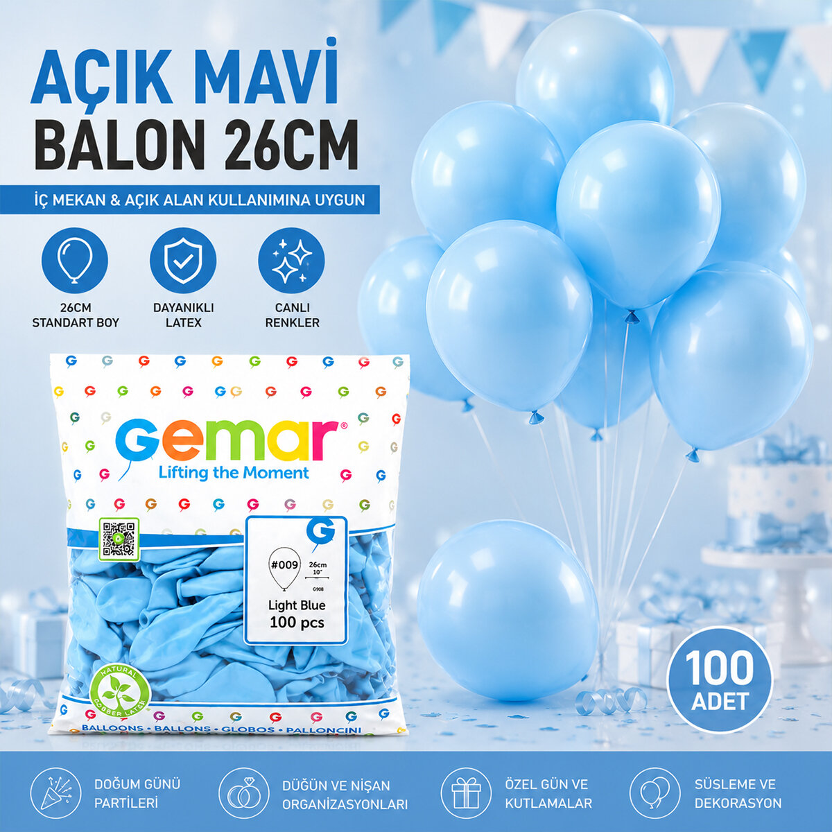 GEMAR GM-90-09 ( İÇ MEKAN & AÇIK MAVİ ) BALON ( 10'' & 26CM & 100PCS )*1X100
