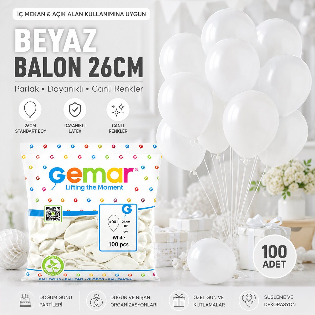 GEMAR GM-90-01 ( İÇ MEKAN & BEYAZ ) BALON ( 10'' & 26CM & 100PCS )*1X100
