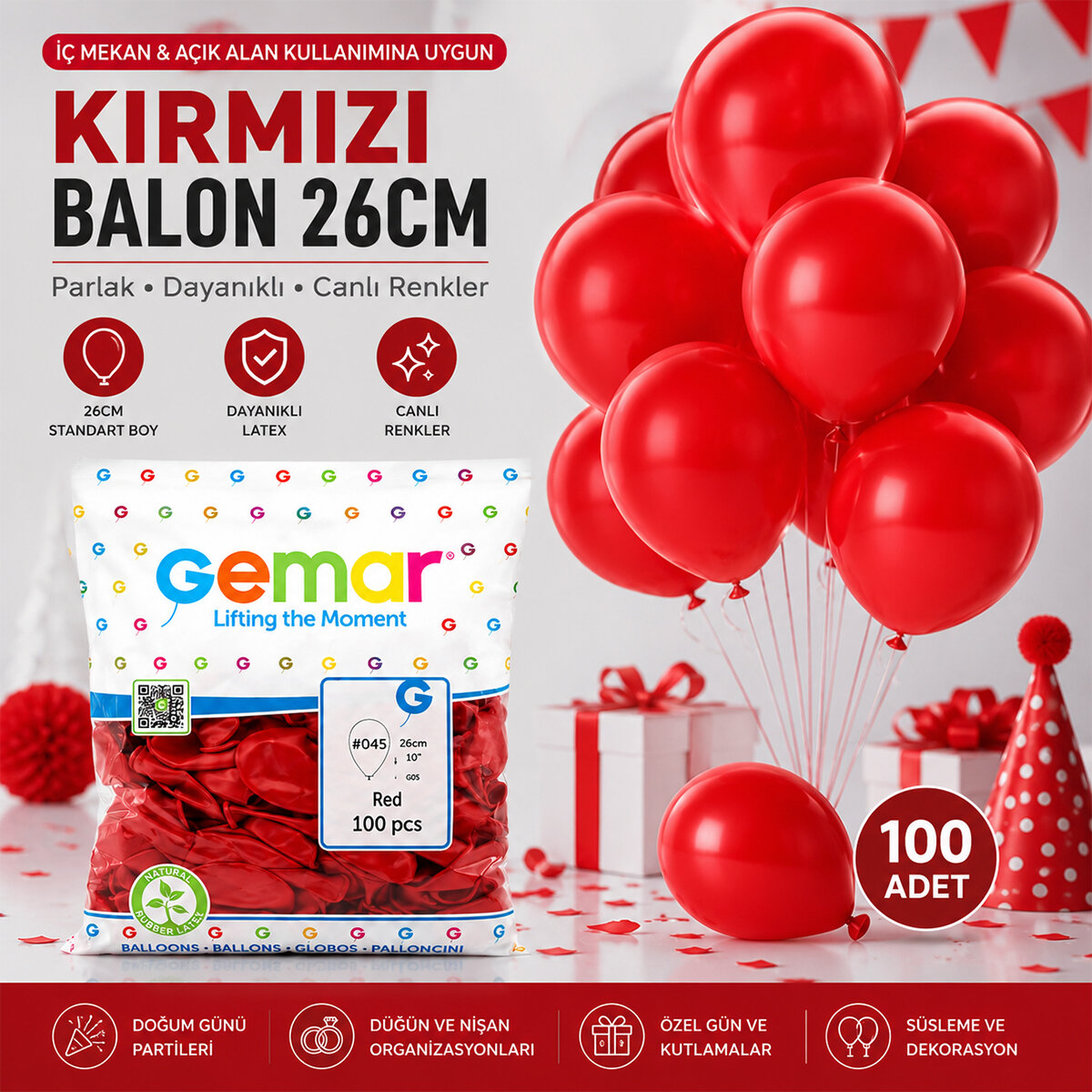 GEMAR GM-90-45 ( İÇ MEKAN & KIRMIZI ) BALON ( 10'' & 26CM & 100PCS )*1X100