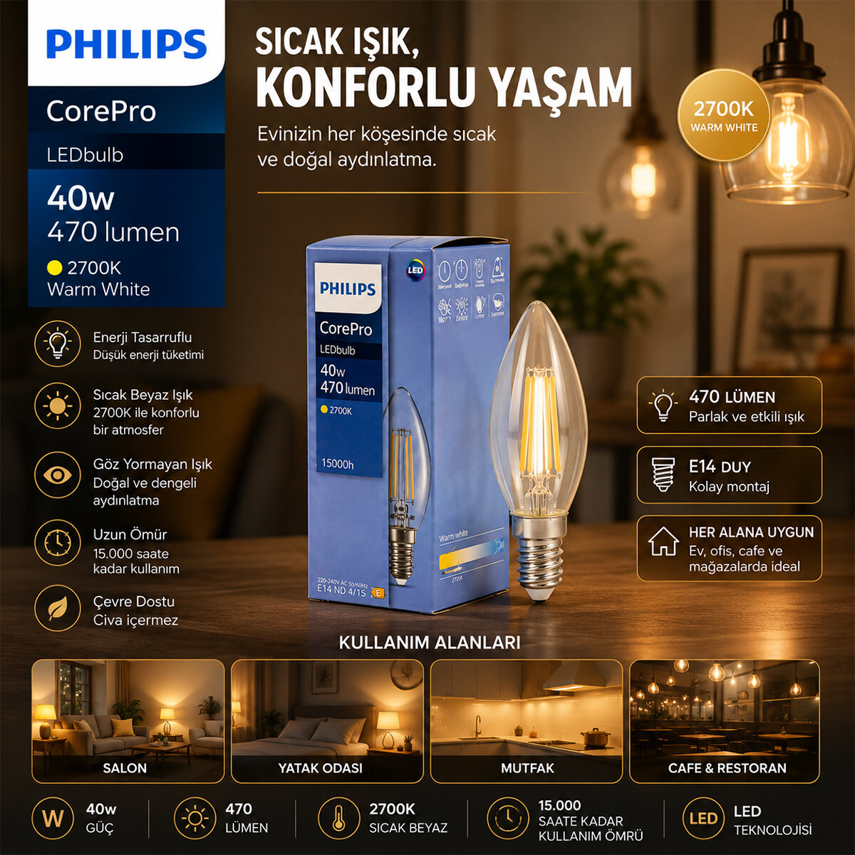 PHILIPS-347267 00 COREPRO ( 2700K & E14 ) ( 4.3W = 40W & E27 ) ( LED FİLAMENT & RUSTİK AMPUL ) LAMBA ( 470 LUMEN ) ( CAM GÖVDE )*10=K