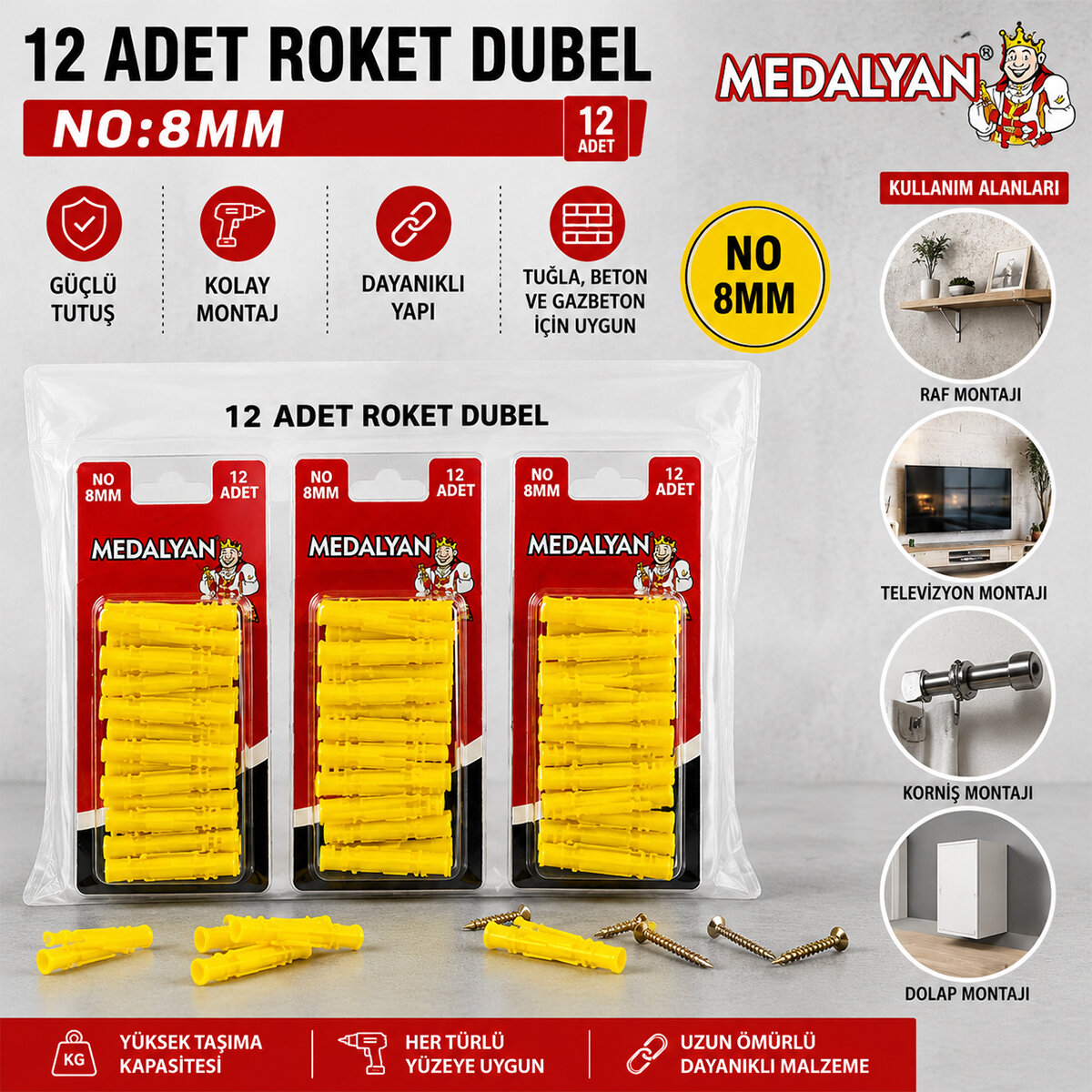 MEDALYAN DL-86 ( 8MM ) ( 12PCS ) ( ROKET ) DÜBEL SARI & PLASTİK*12X9